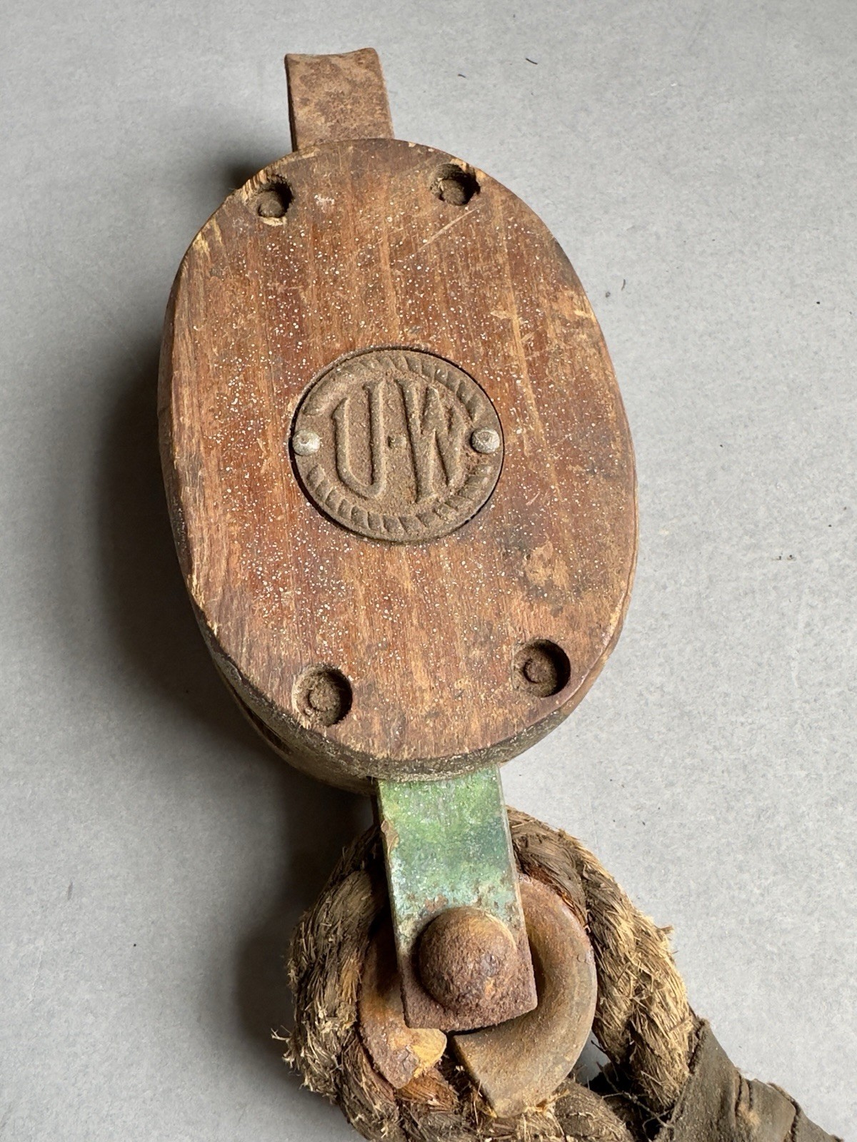 Vintage U•W Block & Tackle Wooden Barn Hoist Pulley With Old Rope Attached