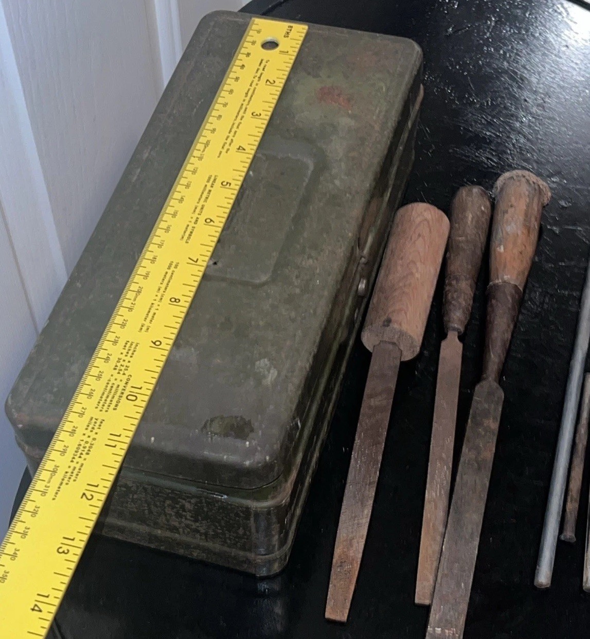 Vintage Climax Metal Toolbox with Primitive Woodworking Tools Included
