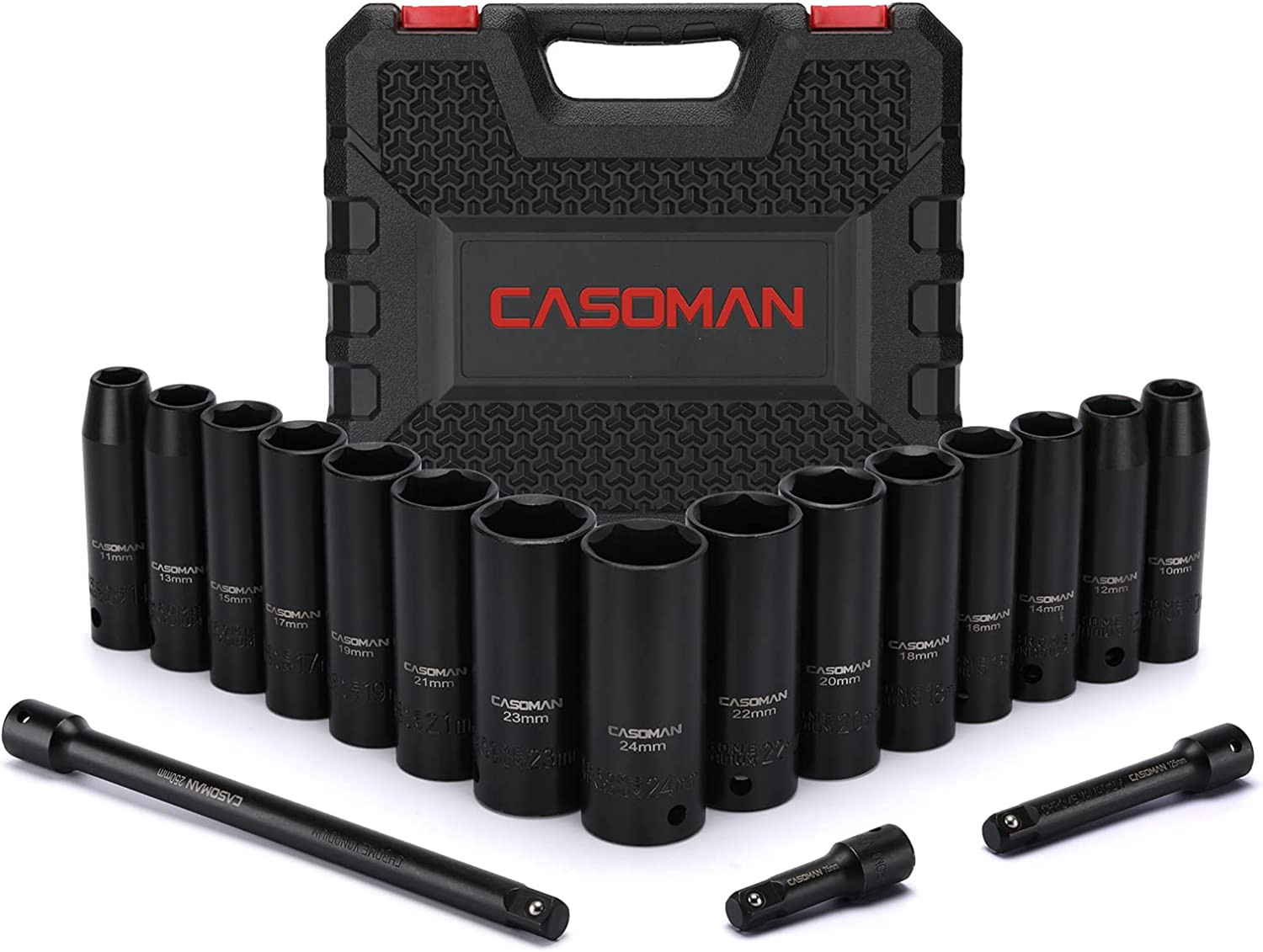 18PCS 1/2″ Drive Impact Socket Set, Deep, Cr-V Steel, Metric,With Extension Bars