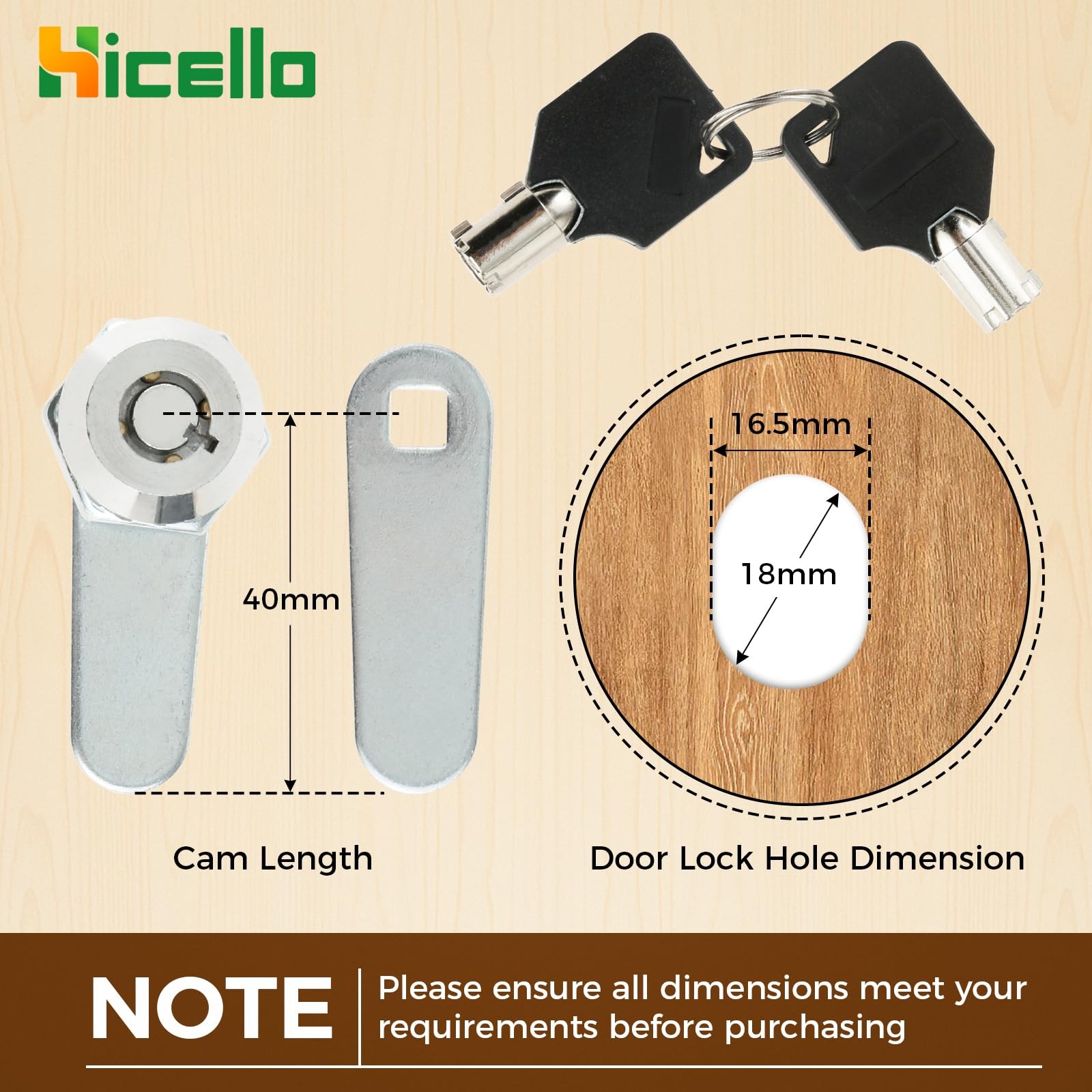 Hicello 16mm Zinc Cam Lock with 2 Keys – Tubular Hole Distance:16mm, Silver