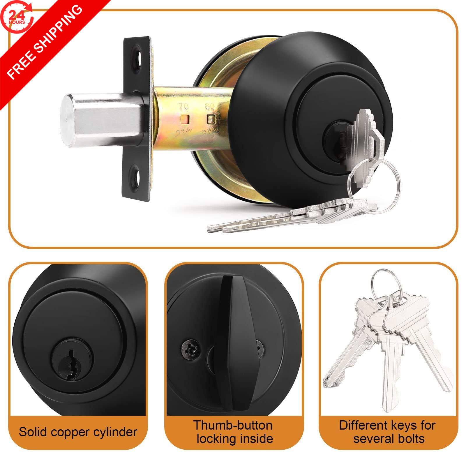 Probrico Single Cylinder Deadbolts Flat Black, Keyway Keys 1 Pack, Black