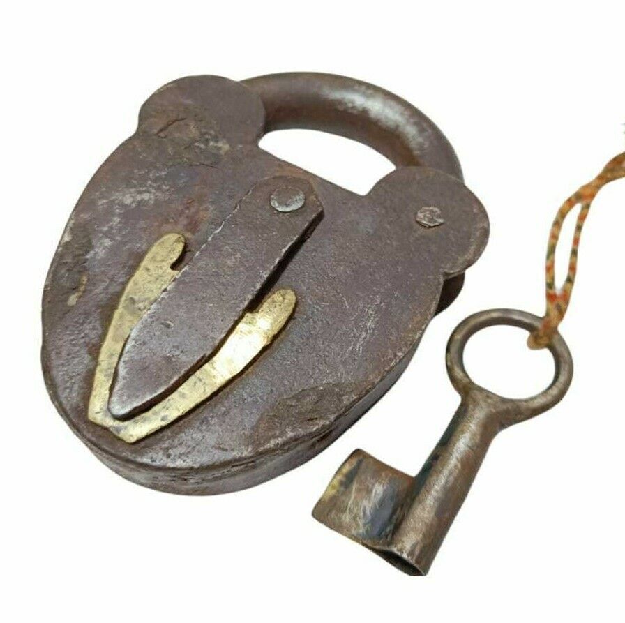 1930’s Old Vintage Antique Iron & Brass Unique Shape Pad Lock & Key, Collectible