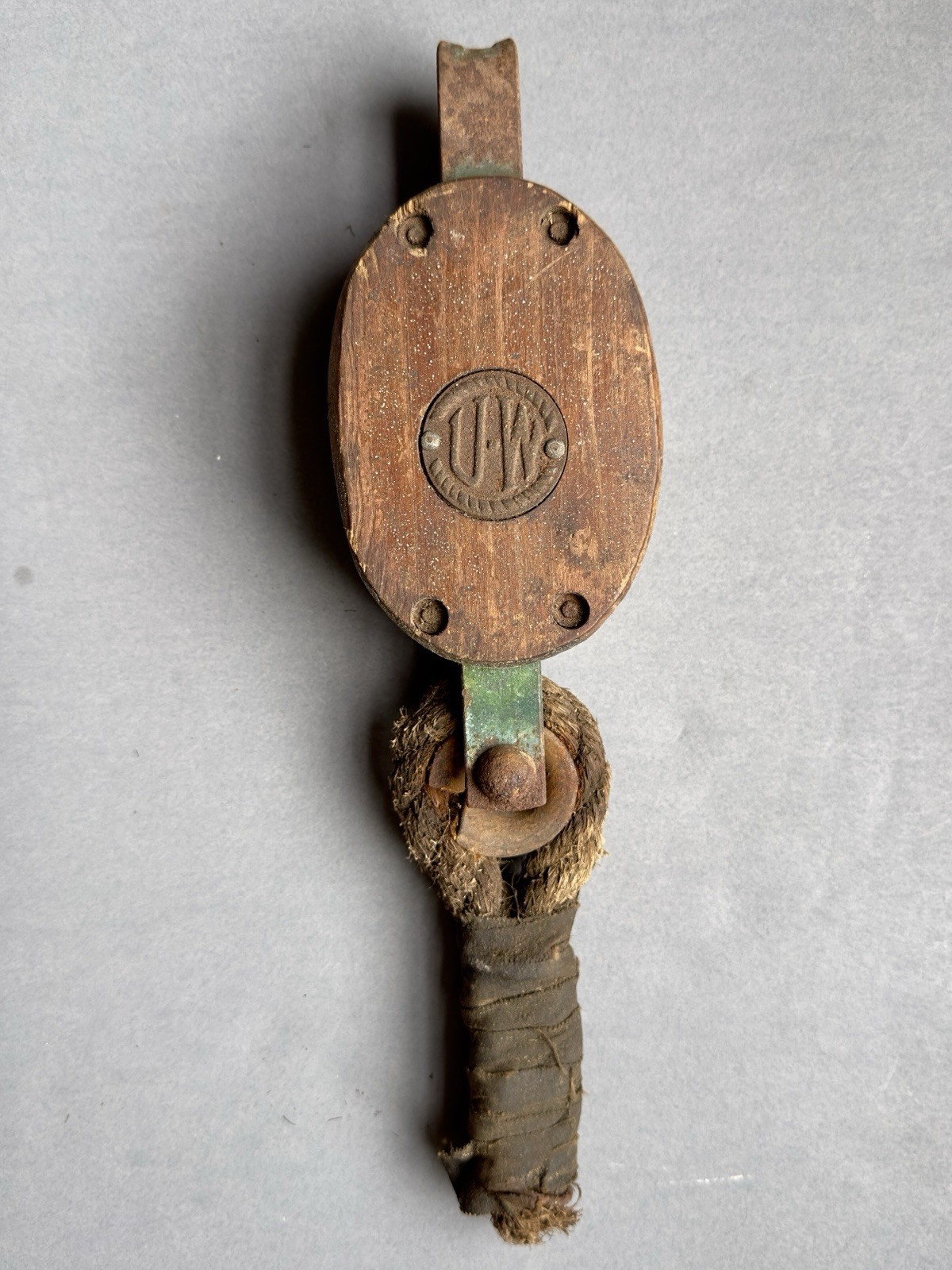 Vintage U•W Block & Tackle Wooden Barn Hoist Pulley With Old Rope Attached