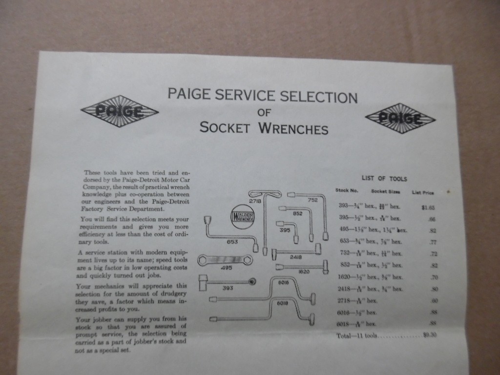 1921 Walden Worchester Paige Auto Service Wrench Tool Catalog Sheet Vintage
