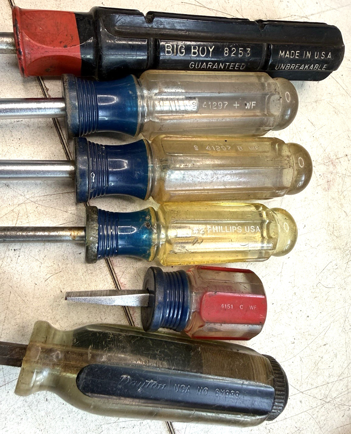 Vintage Assorted Tools Screwdrivers, Ball Peen, C clamps, vise grip, and others