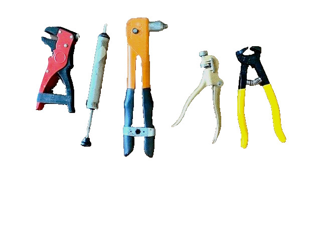 Tools red wire stripping pliers orange pop rivet gun yellow tile cutting pli