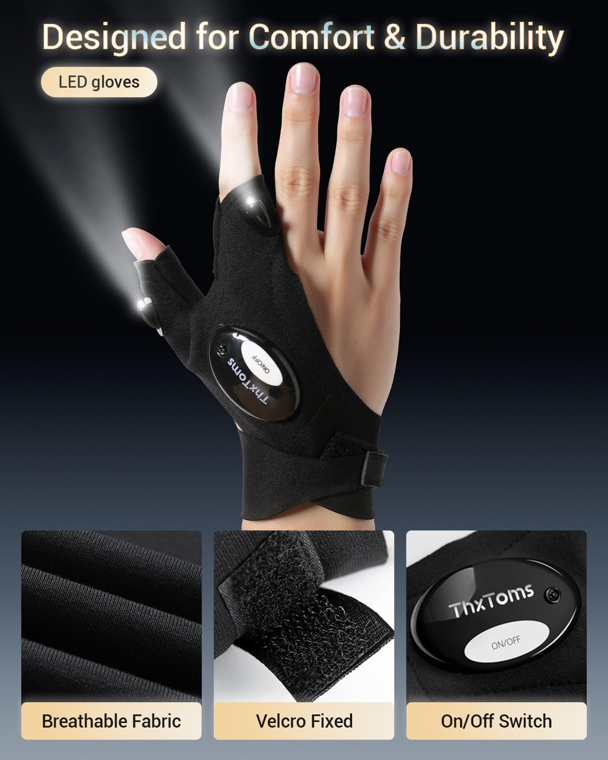 ThxToms LED Flashlight Gloves, Gifts for Him Men Boyfriend Adjustable, Black
