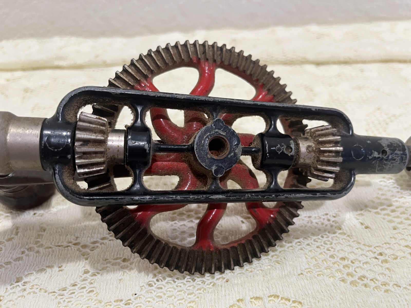 Vintage Eggbeater Hand Drill Manual Crank Wood Handle Red Gear Tool Decor