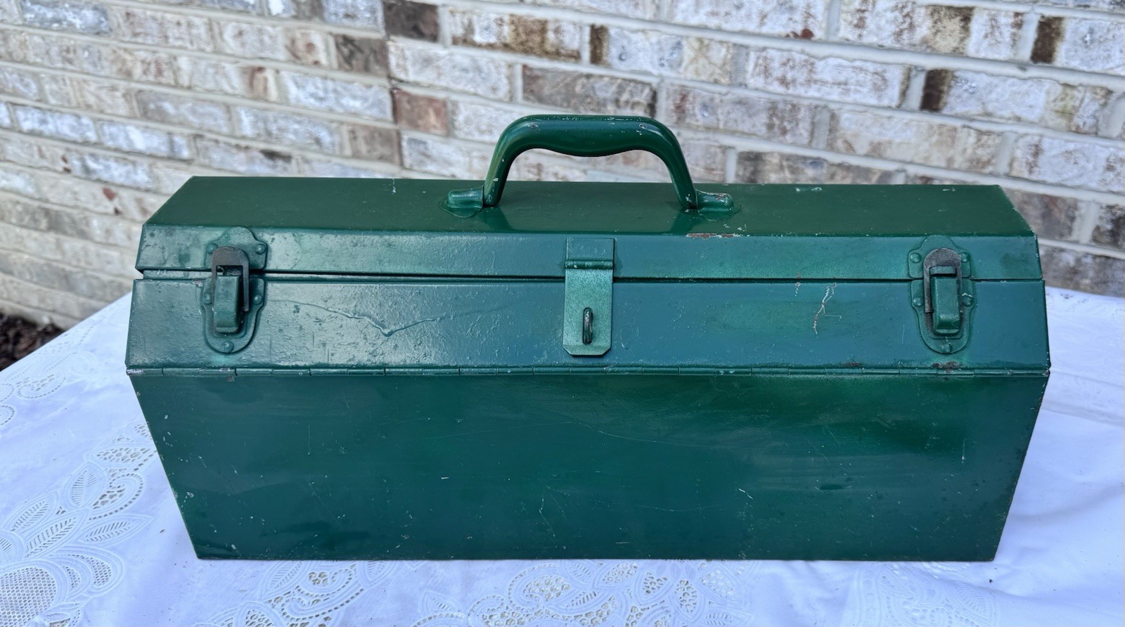 Vintage Tombstone Heavy Duty Split Top Metal Tool Box With Tray