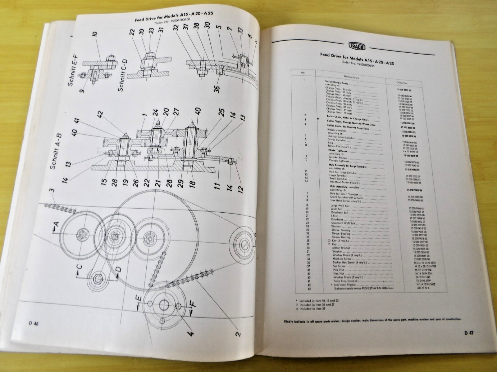 Vtg Traub Lathe Model A15 A20 A25 A42 A60 Spare Parts List
