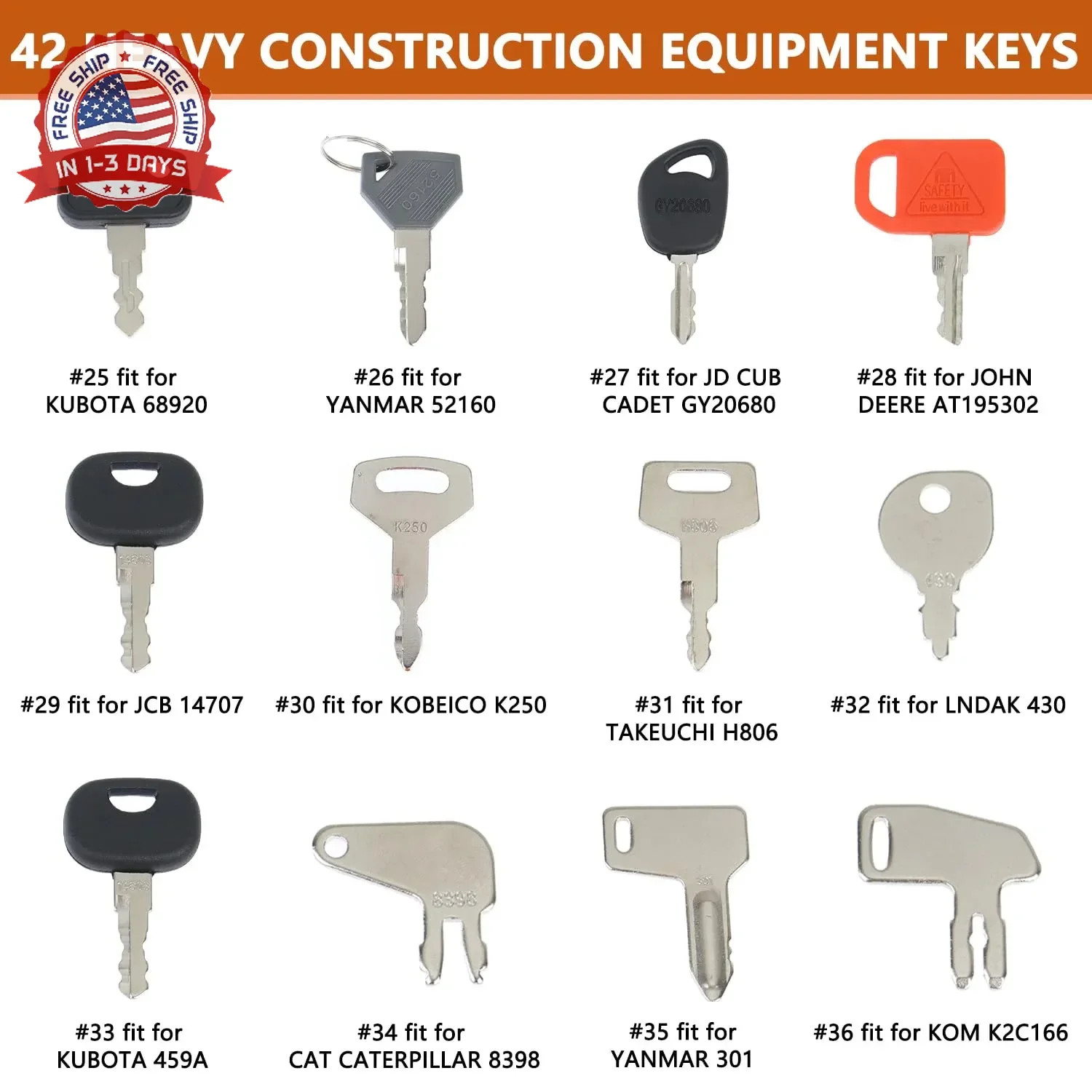 42 Heavy Construction Equipment Keys Set Compatible with CAT Caterpillar Bobcat