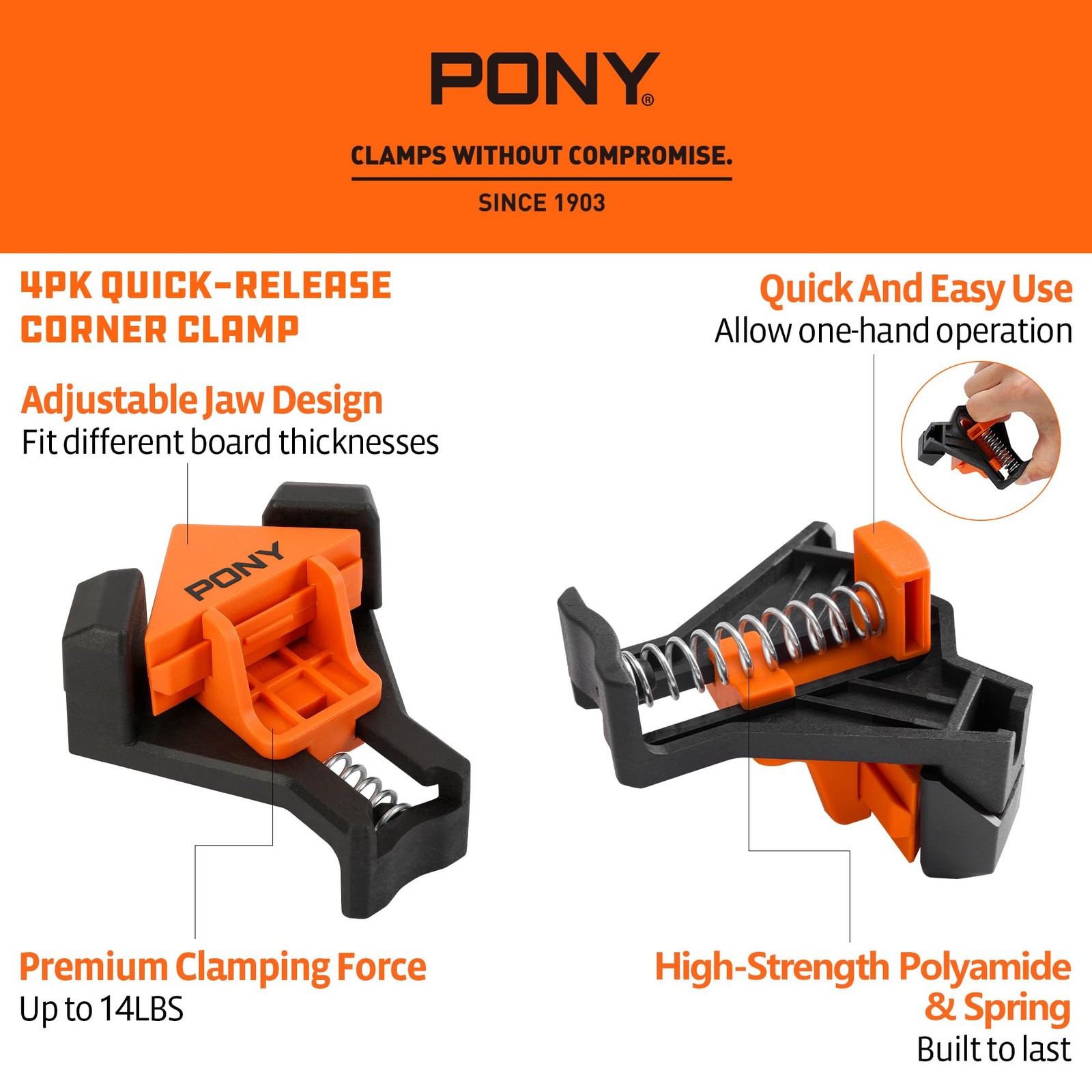 PONY 4-Pack Corner Clamp for Woodworking, 90 Degree Right Angle Clamp, Orange