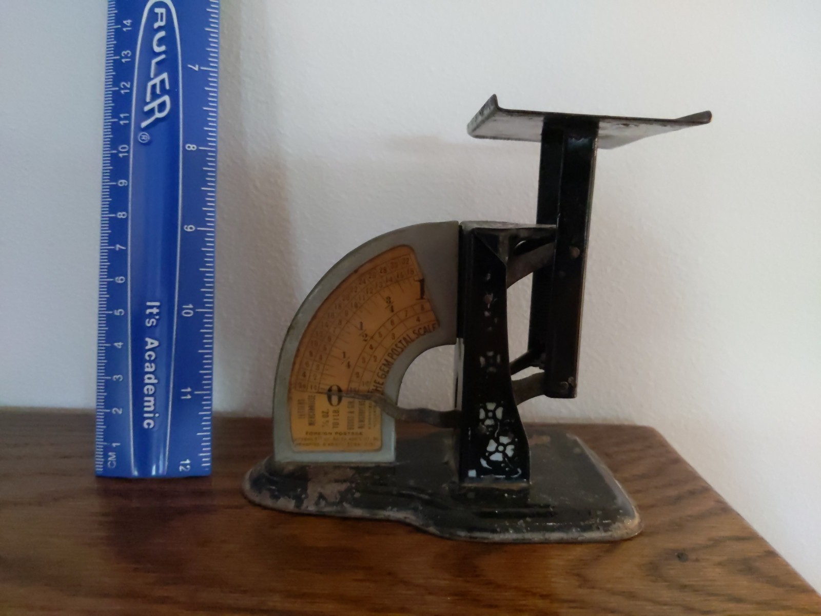 Small antique The Gem Postal Scale Pat. 1904 black with white flowers 8.25″ tall