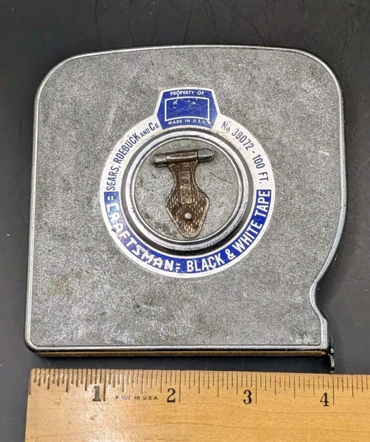 Vtg Sears Roebuck Craftsman USA 39072 100 Ft. Black & White Tape Measure WORKS