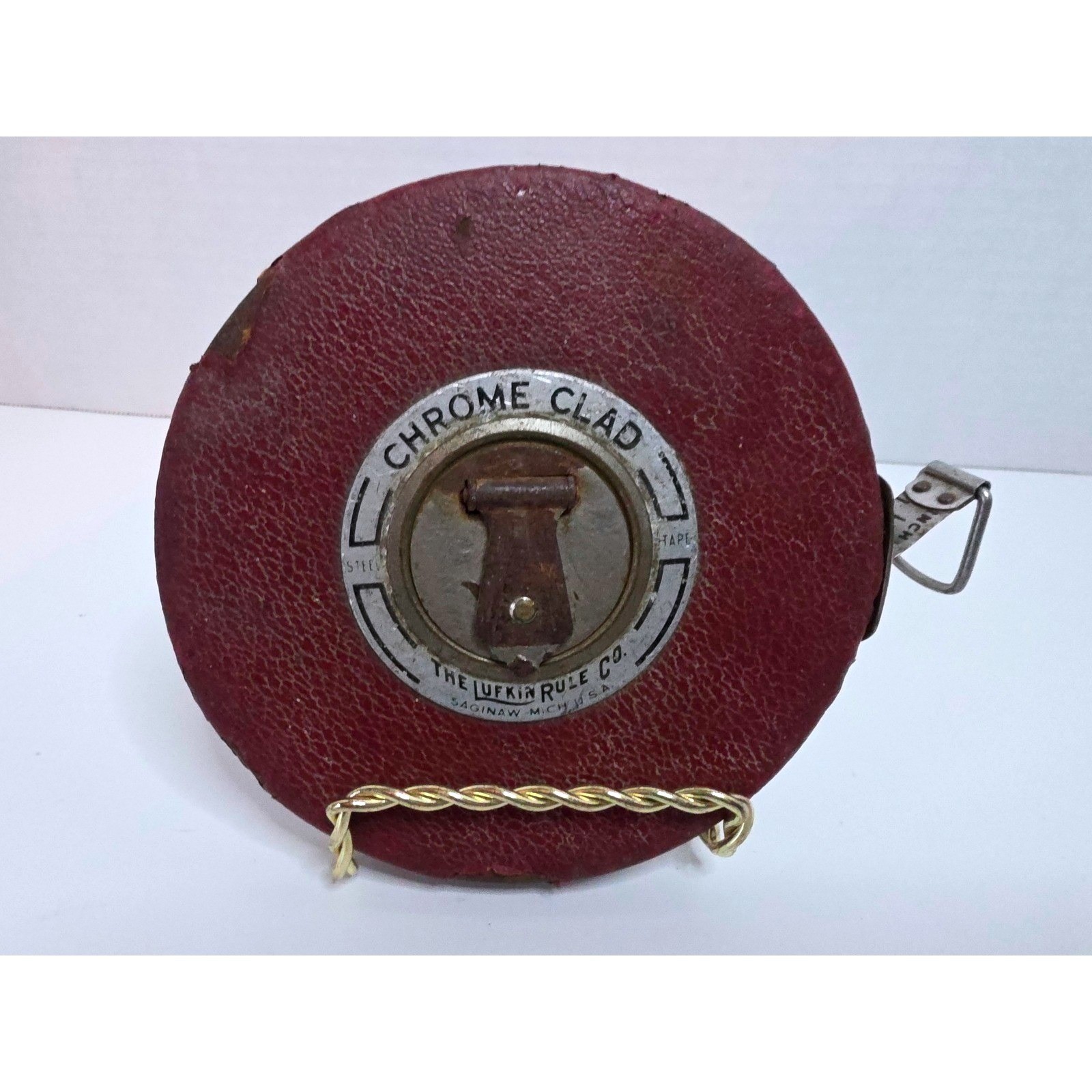 VTG Lufkin Rule Co Chrome Clad Leader 100′ Steel Tape Measure Leather Case READ