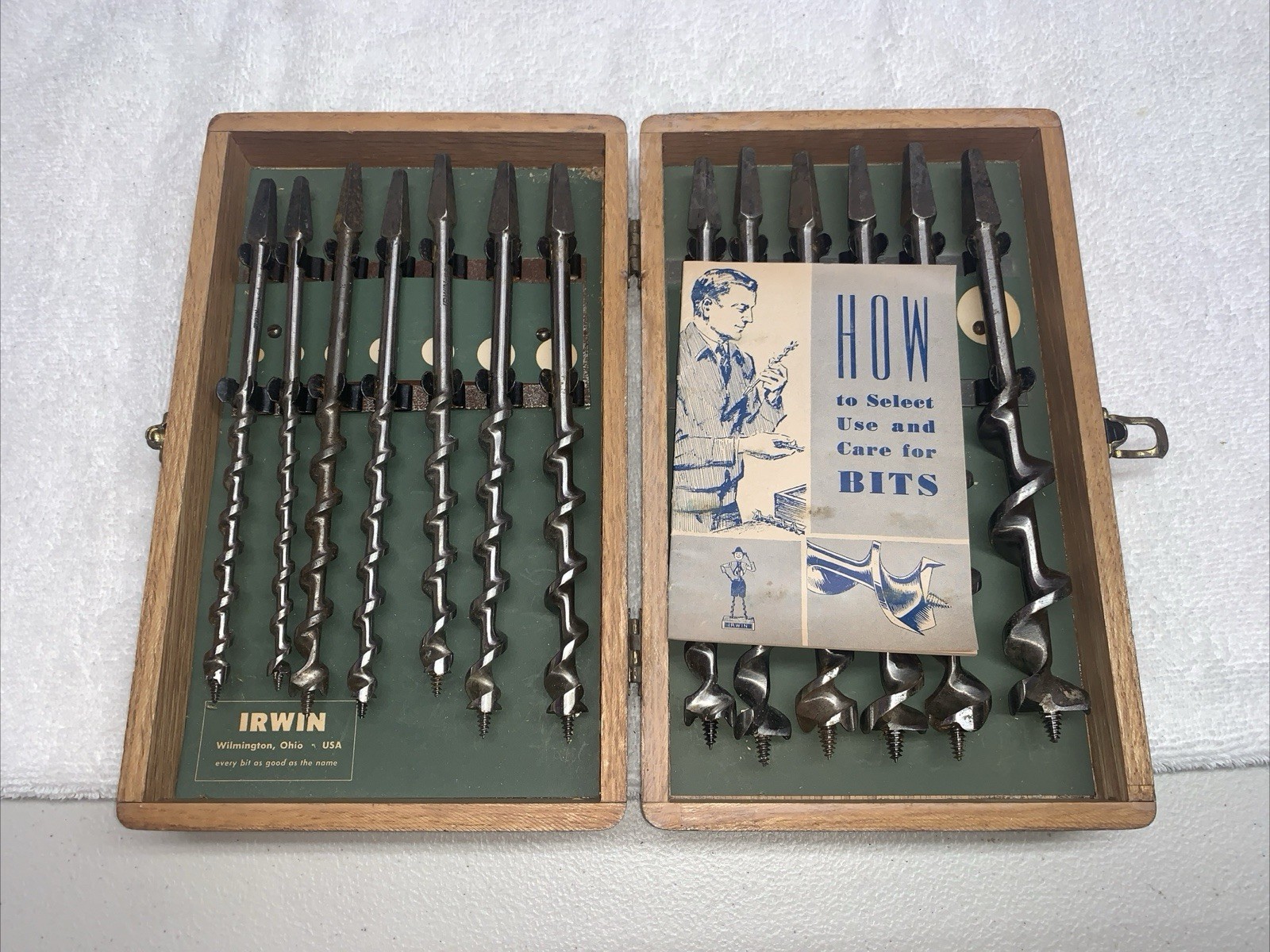 Vintage Irwin Complete 13 pc Set Auger Brace Bits USA With Original Wood Box