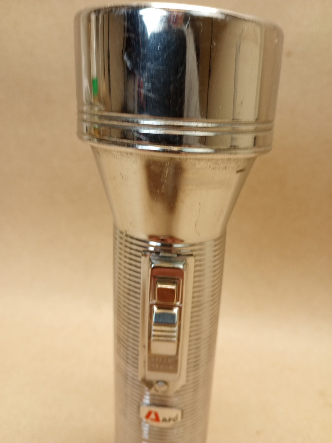 Vintage AFC Flashlight Silver aluminum and metal 2 D Cell Tested Works 7 .75″