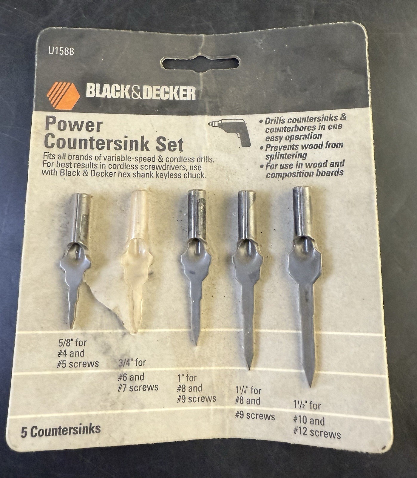 Black Decker U1588 CounterSink Bit Set 5 Pc 5/8, , 1″, 1-1/4, 1-1/2 USA Vl03