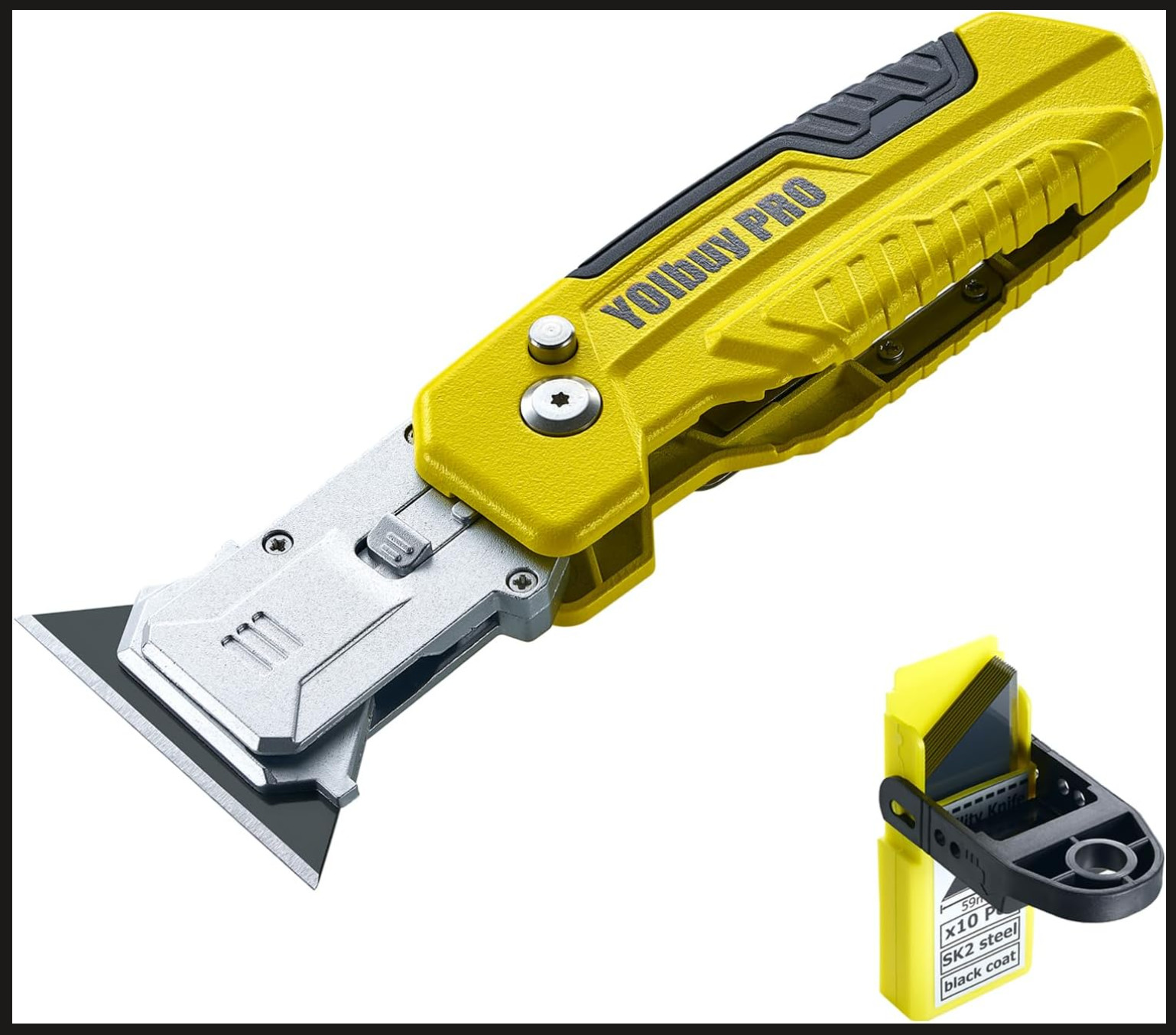Utility Knife / Scraper, 2-in-1 Folding Box Cutter with 10 Extra Blades !