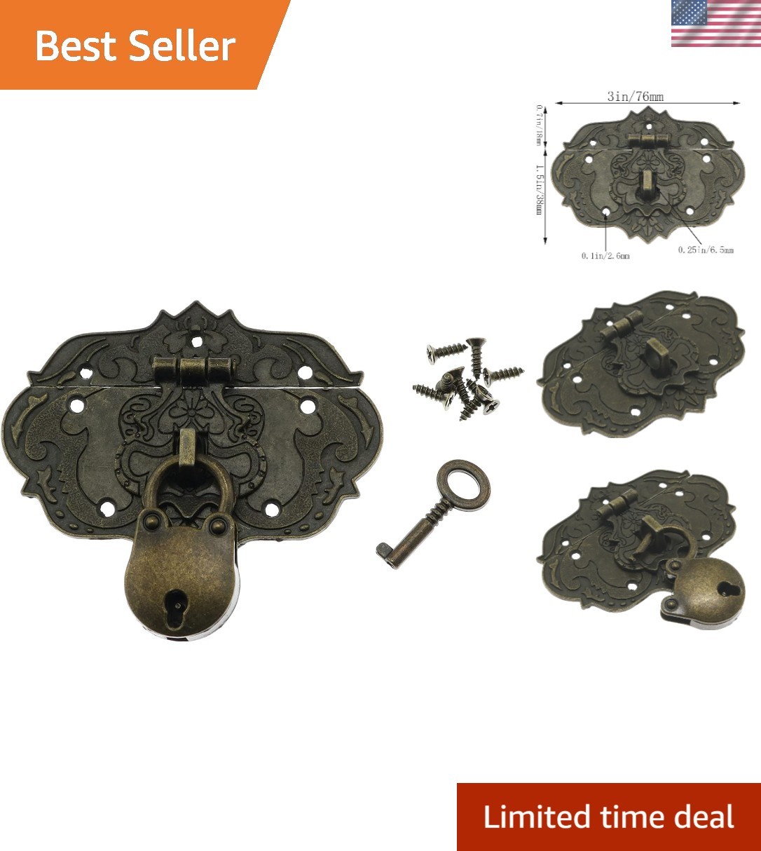 Durable Antique Brass Lock Kit for Jewelry Boxes & Decorative Projects – 2 Count
