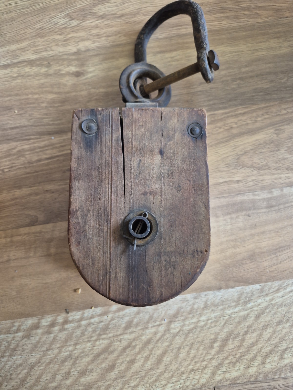 Myers Antique Vintage Wood Block And Tackle Pulley With Metal eye U Bolt
