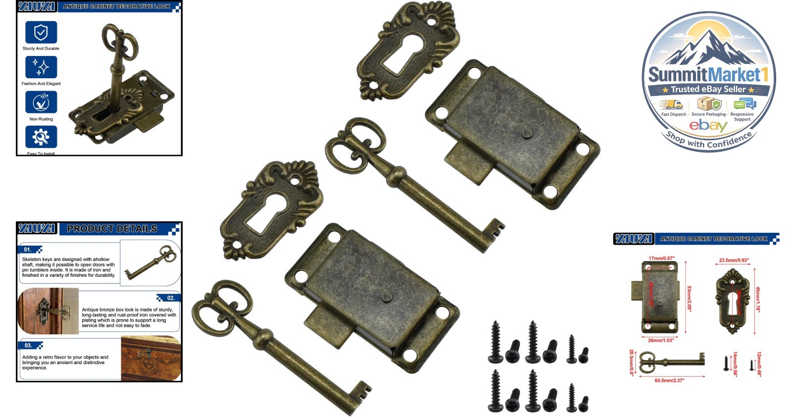 Bronze Antique Cabinet Lock 2Pcs with Skeleton Keys & Screws