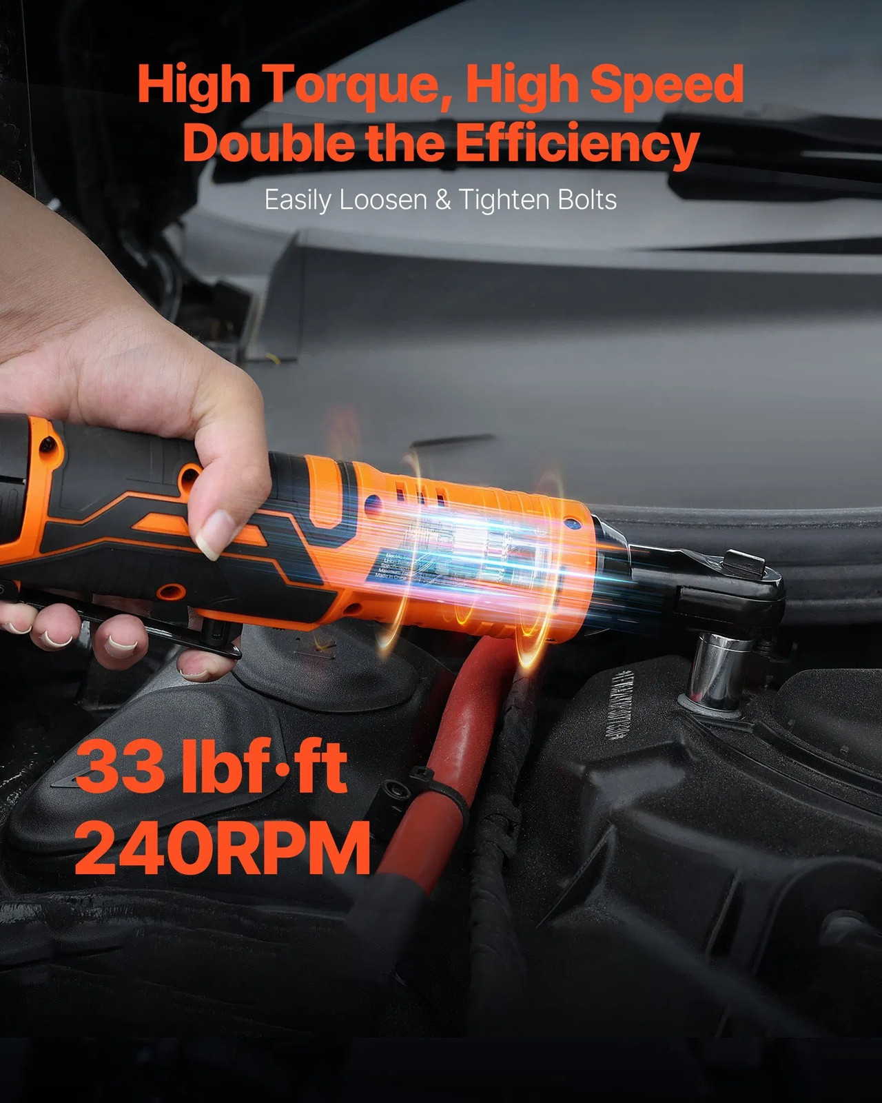 Cordless Ratchet Wrench, 3/8 inch Drive, 240 RPM, up to 33 ft-lbs of Torque, Bat