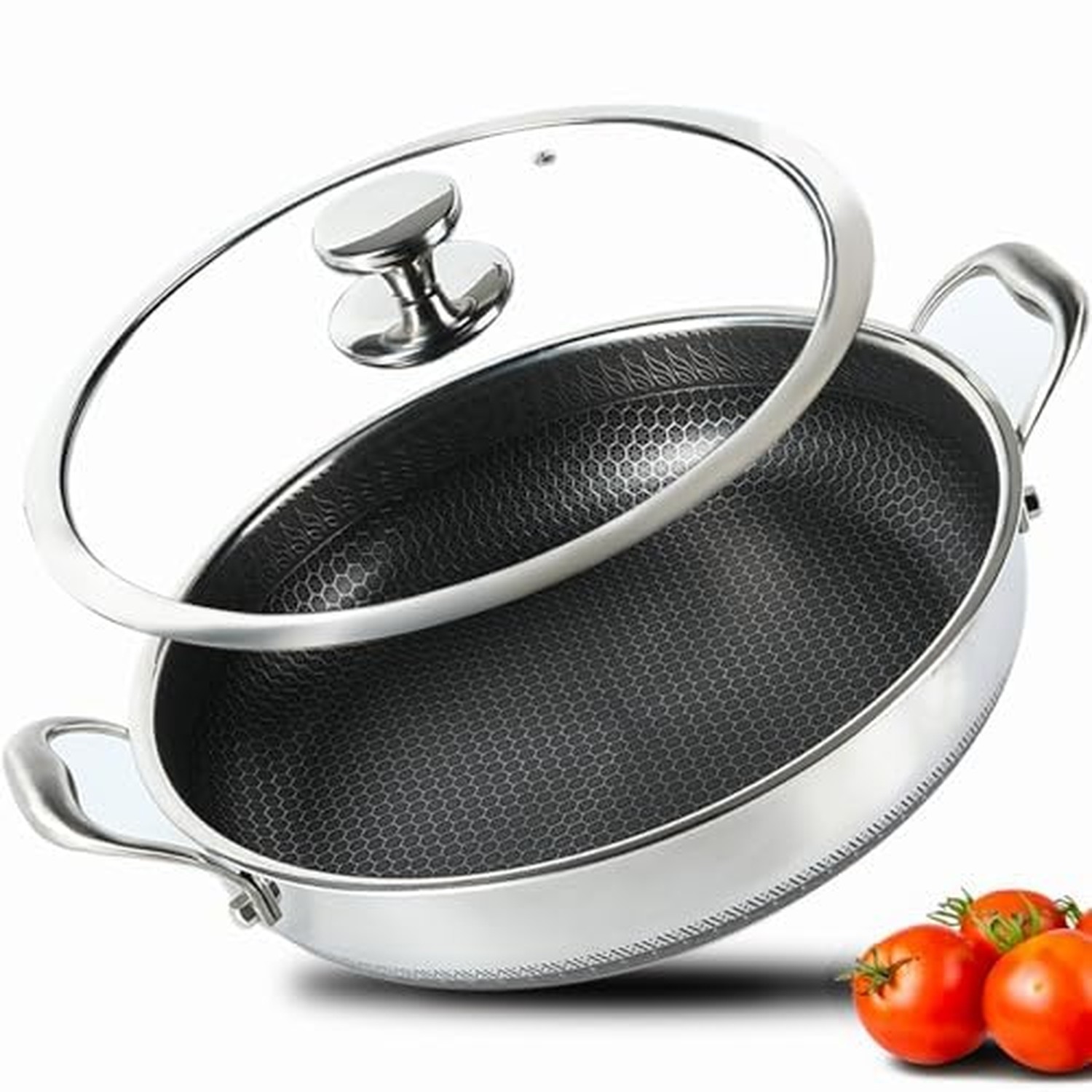 Large Hybrid Nonstick Deep Frying Pan-13inch 316L Stainless Steel Sauté Pan