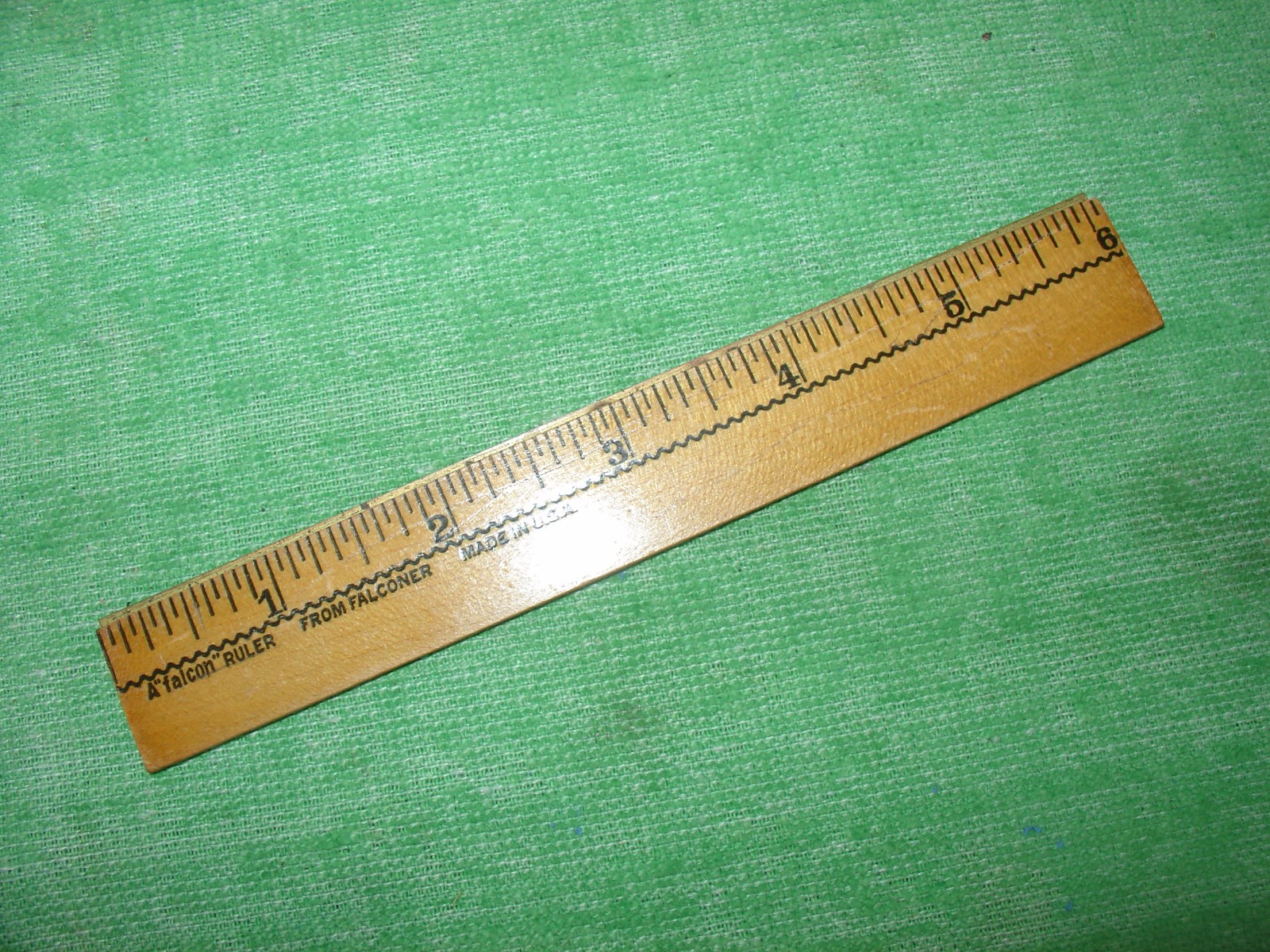 VINTAGE 6″+mm WOODEN RULE A”falcon” RULER FROM FALCONER MADE IN USA