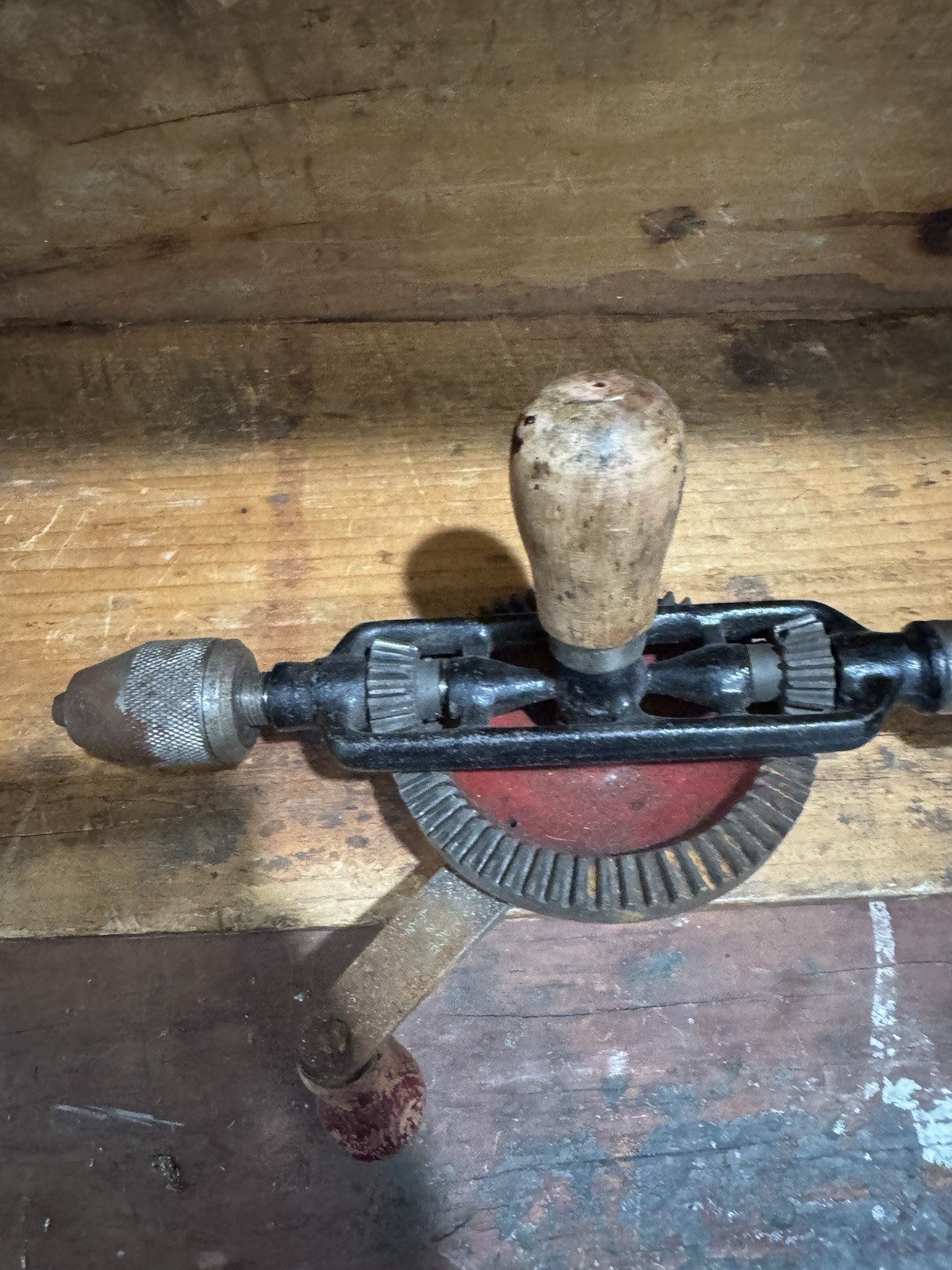 Vintage Hand Held Drill with Wooden Handles and Heavy Metal Gear Made in Japan