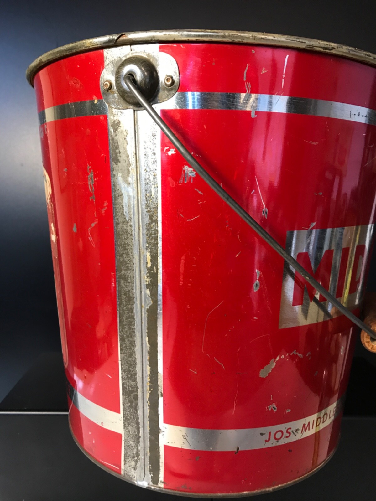 HUGE Metal Vintage Middleby Jr. 36 LB.Red Pail Brand Boston Mass. w/ WOOD HANDLE