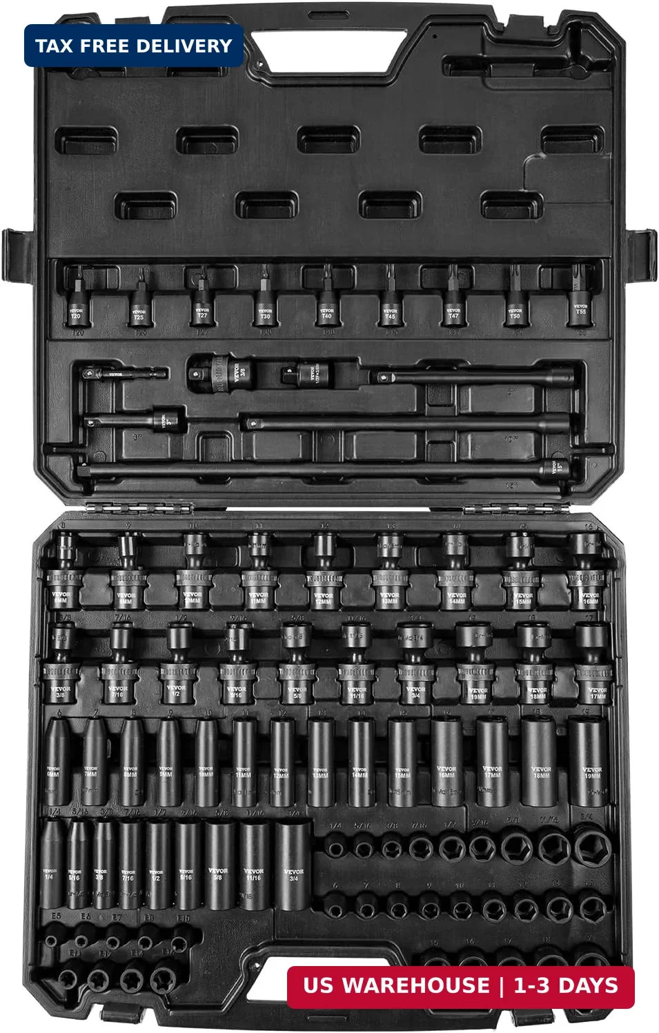 VEVOR Impact Socket Set 3/8″ Drive, 90 PCS, CR-MO, SAE 1/4″-3/4″ Metric 6-19mm,
