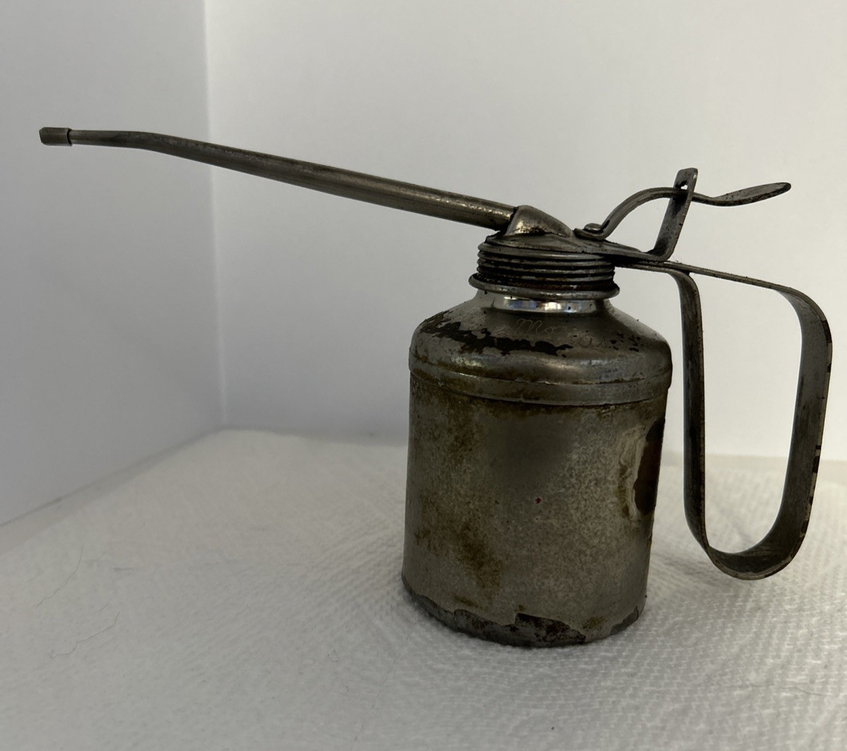 Vintage Plews Pump Oil Can Long Spout Metal Thumb Oiler USA Garage Tool Oiling