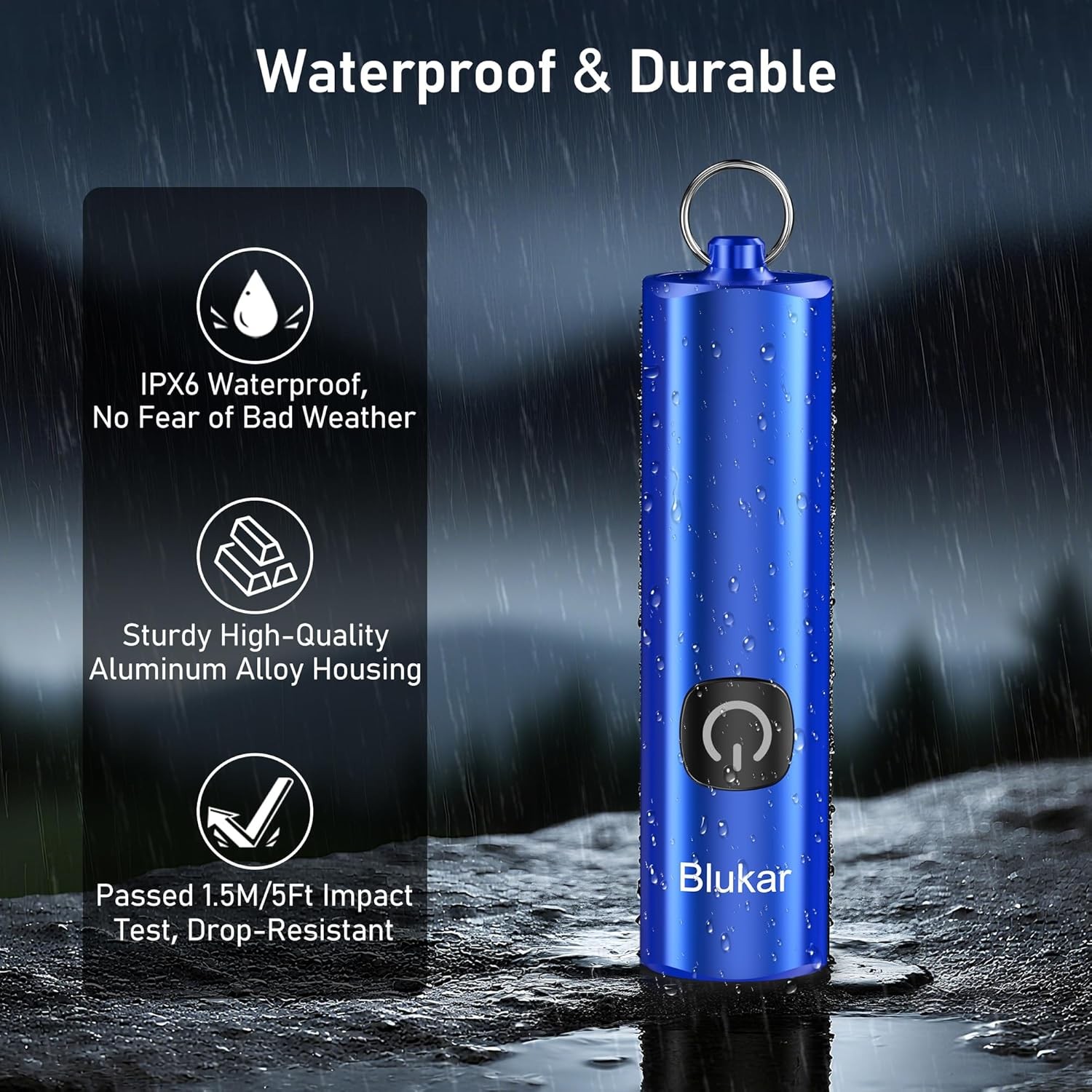 Blukar Mini EDC Flashlight Keychain 3 Modes Waterproof for Camping Blue