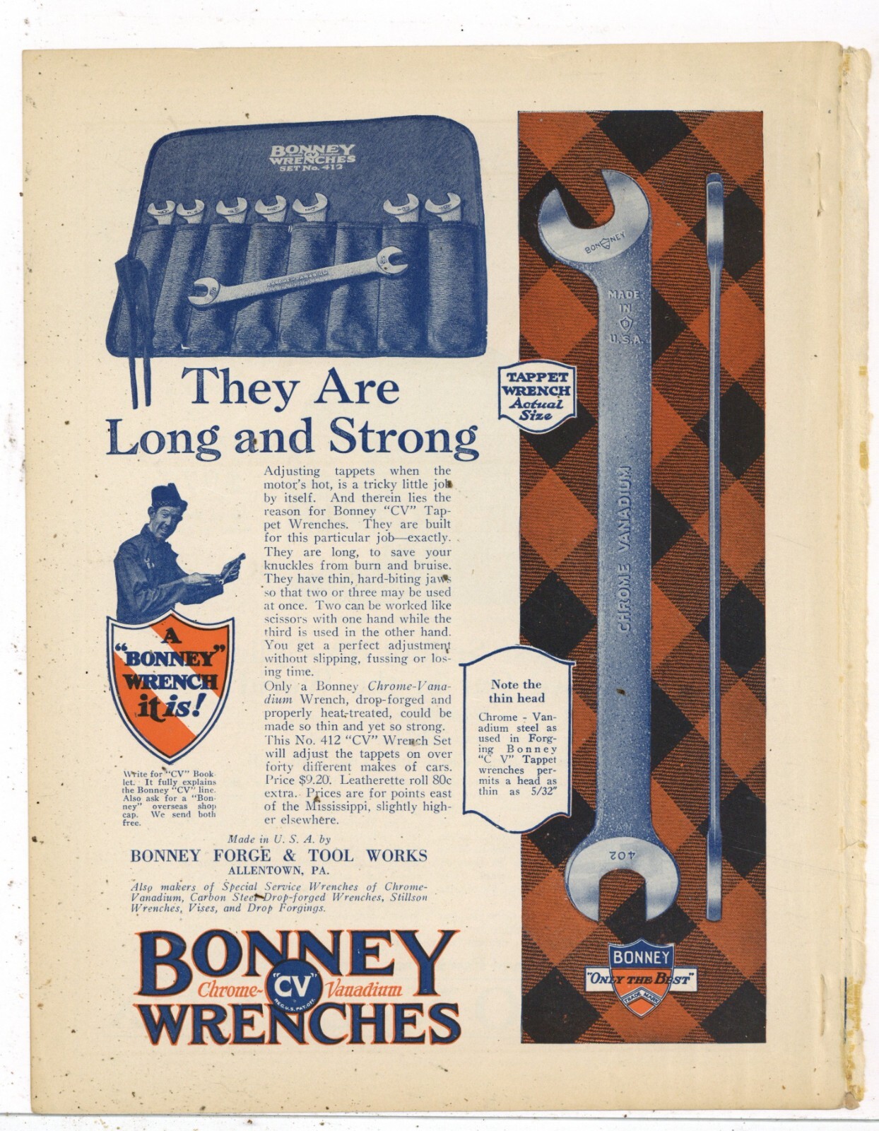 1924 Bonney Ford & Tool Works Ad: Chrome Vanadium Tappet Wrench Set Pictured