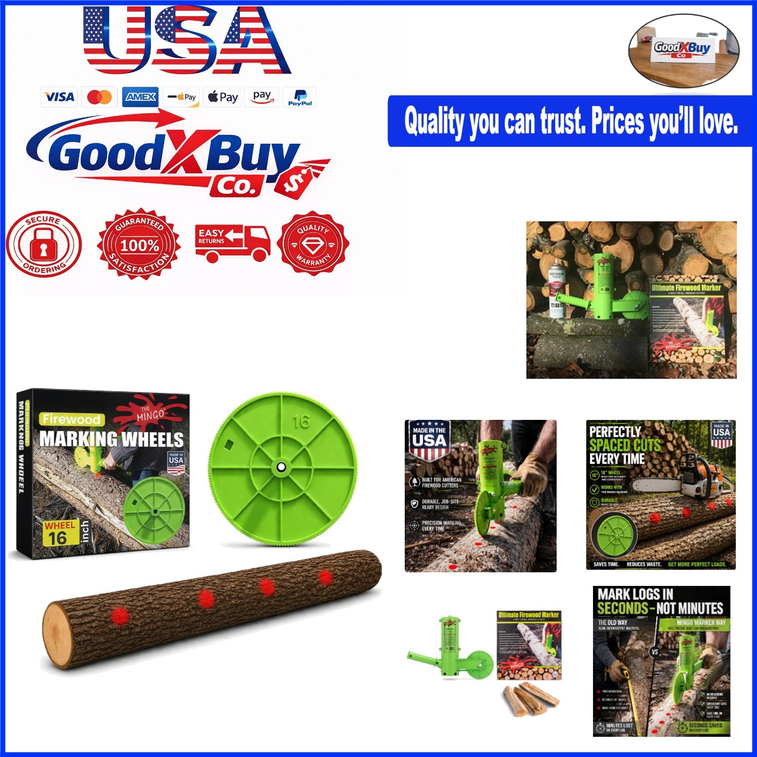 16-Inch Firewood Marking Wheel – Detachable Metal Log Measuring Tool – Green