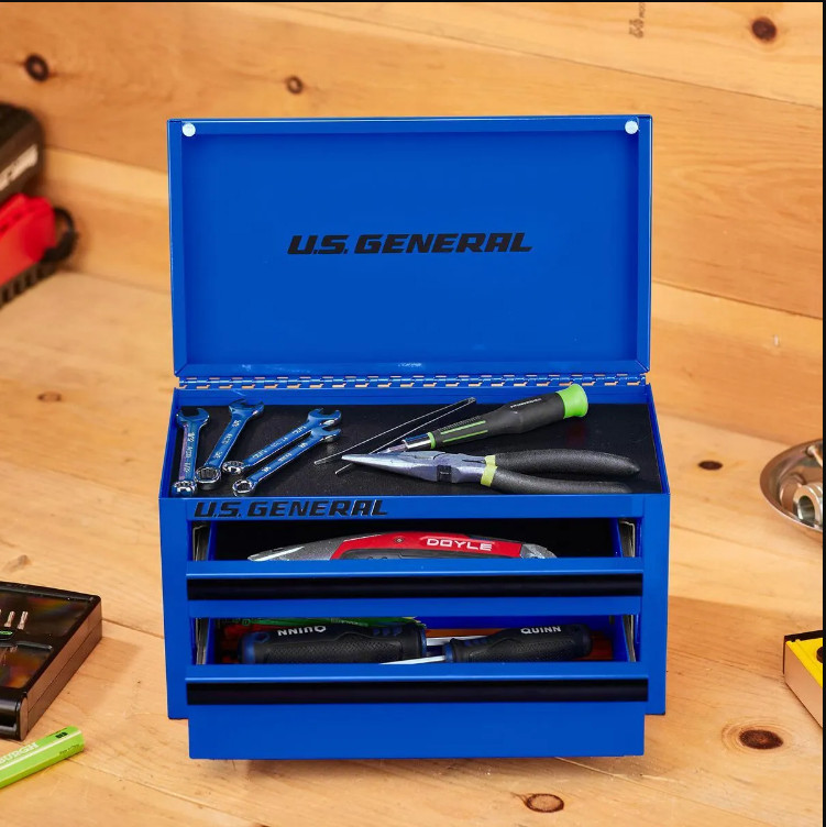 U.S. General Mini Tool Box 2-Drawer Blue Drawer Liner Metal Storage Organizer