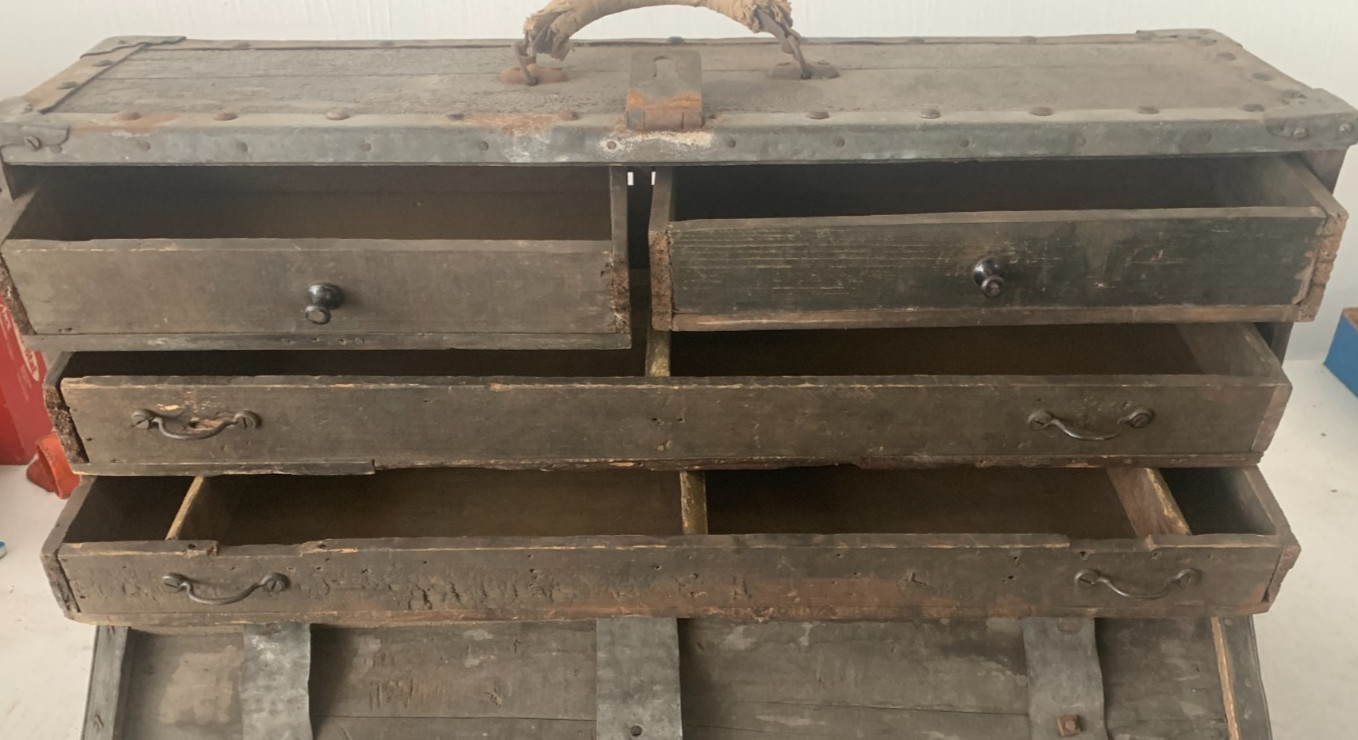 Antique Primitive Carpenters Wood Tool Chest Storage Trunk w Drawers & Handle