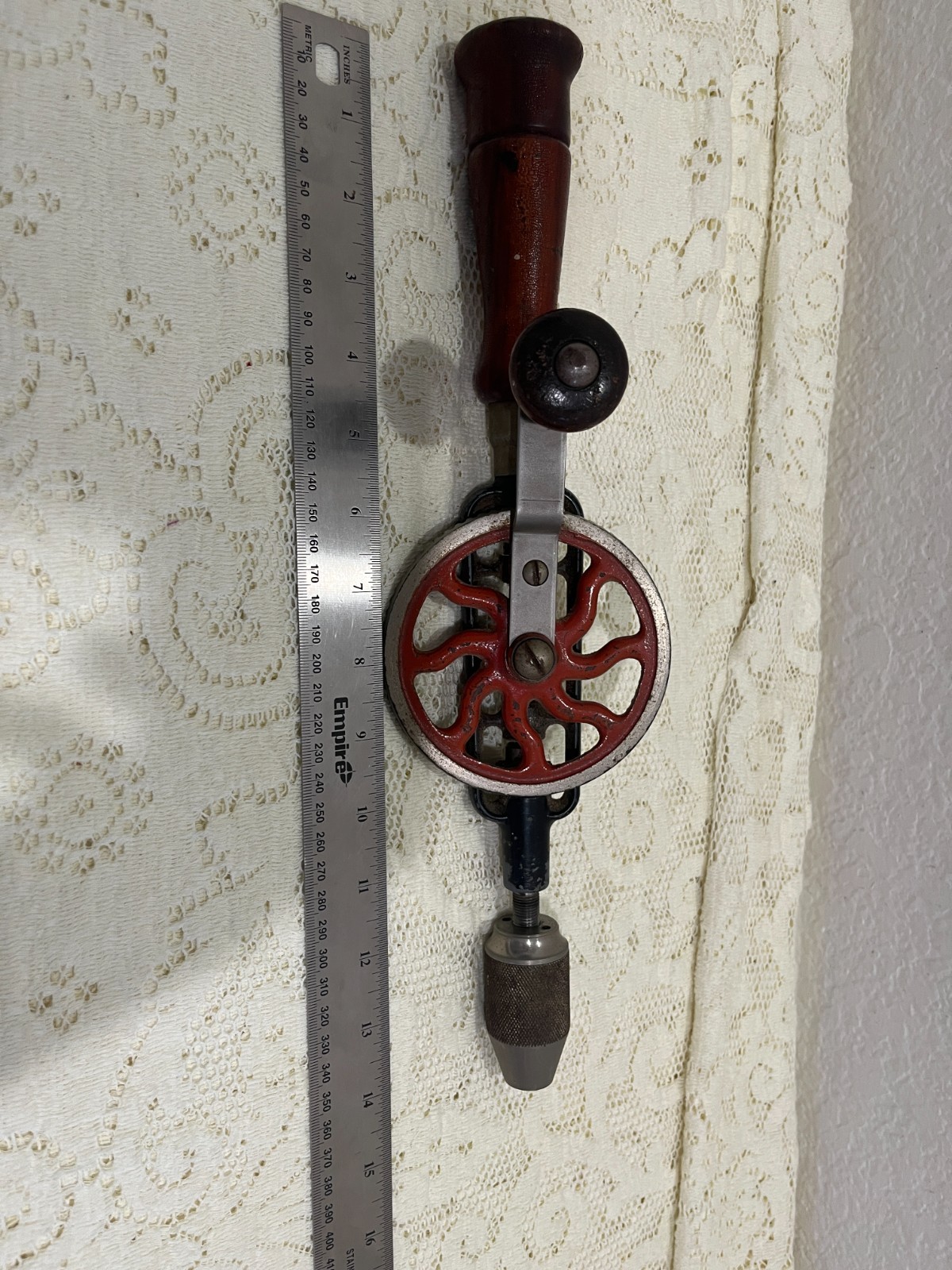 Vintage Eggbeater Hand Drill Manual Crank Wood Handle Red Gear Tool Decor