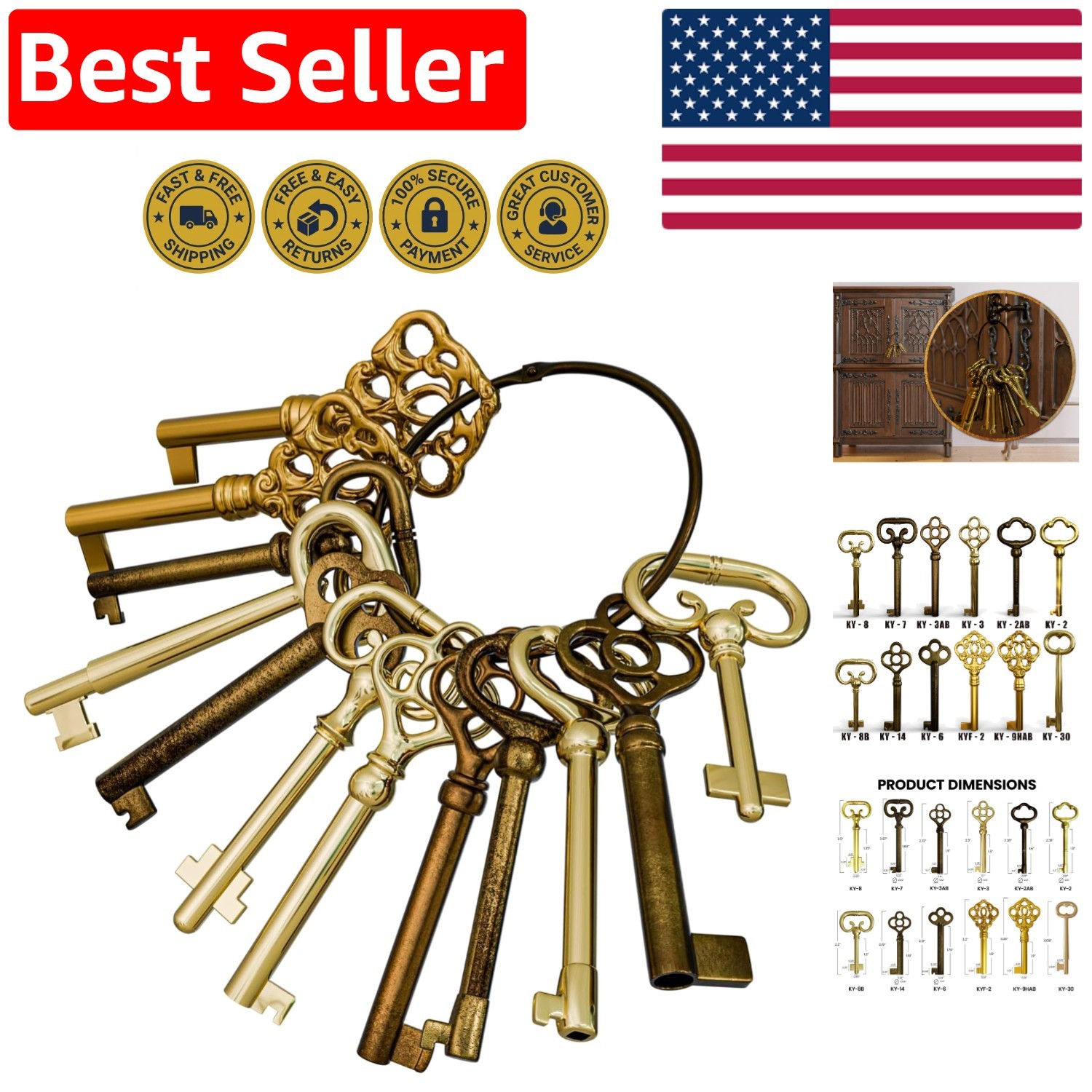 Reproduction Brass Skeleton Key Set – Unlock Vintage Charm for Furniture Locking