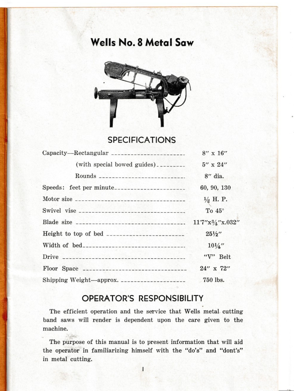 WELLS MANUFACTURING CORP. THREE RIVERS MICHIGAN NO. 8 METAL SAW Manual