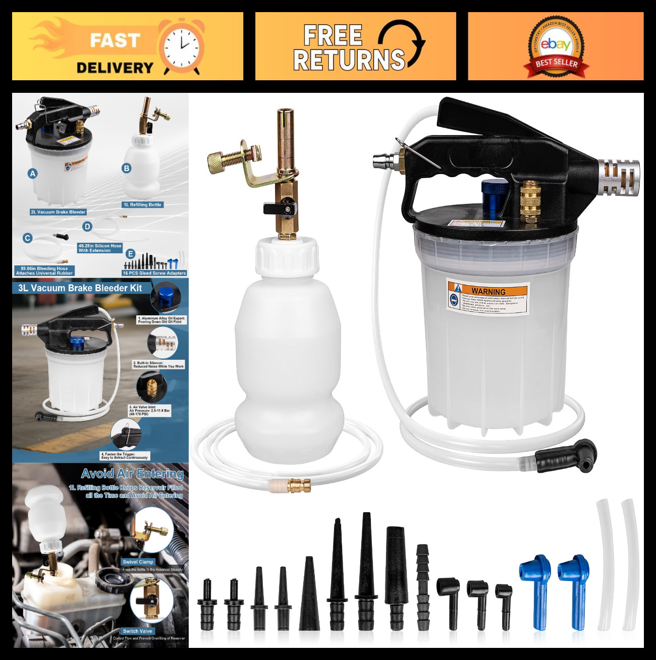 Universal 3L Vacuum Brake Bleeder Kit – One Person, Connects to Air Compressor,