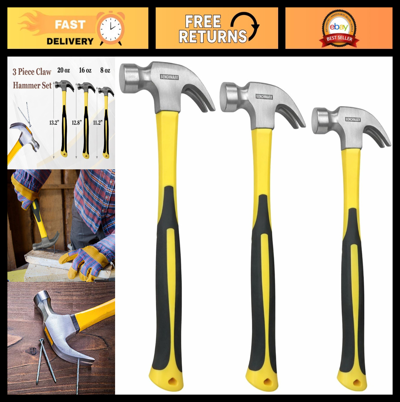 3 Piece Claw Hammer Set – 20oz, 16oz, 8oz – Fiberglass Handle, Anti-Slip Grip, S