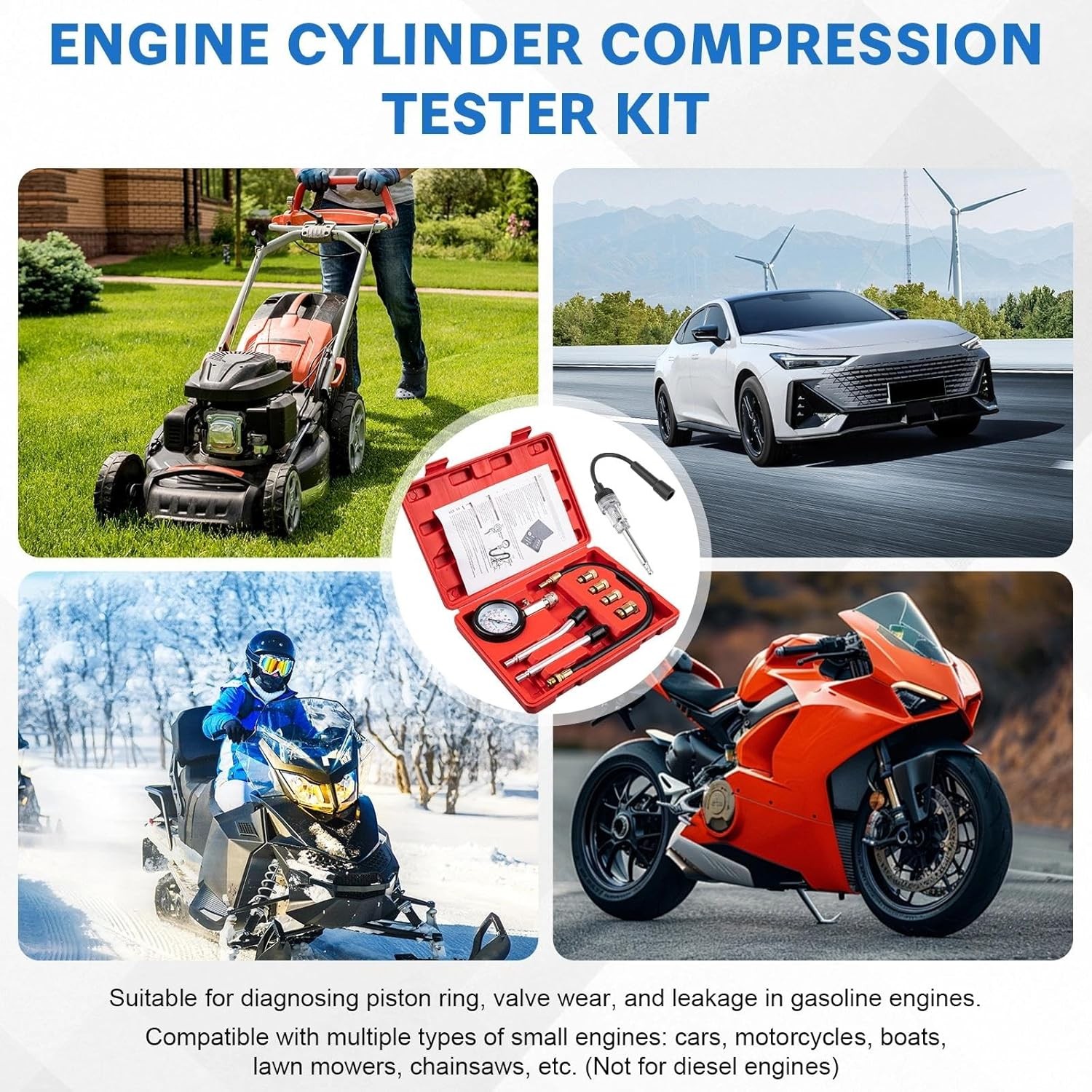 9pc Petrol Engine Compression Tester Kit with Spark Plug Tester Tool