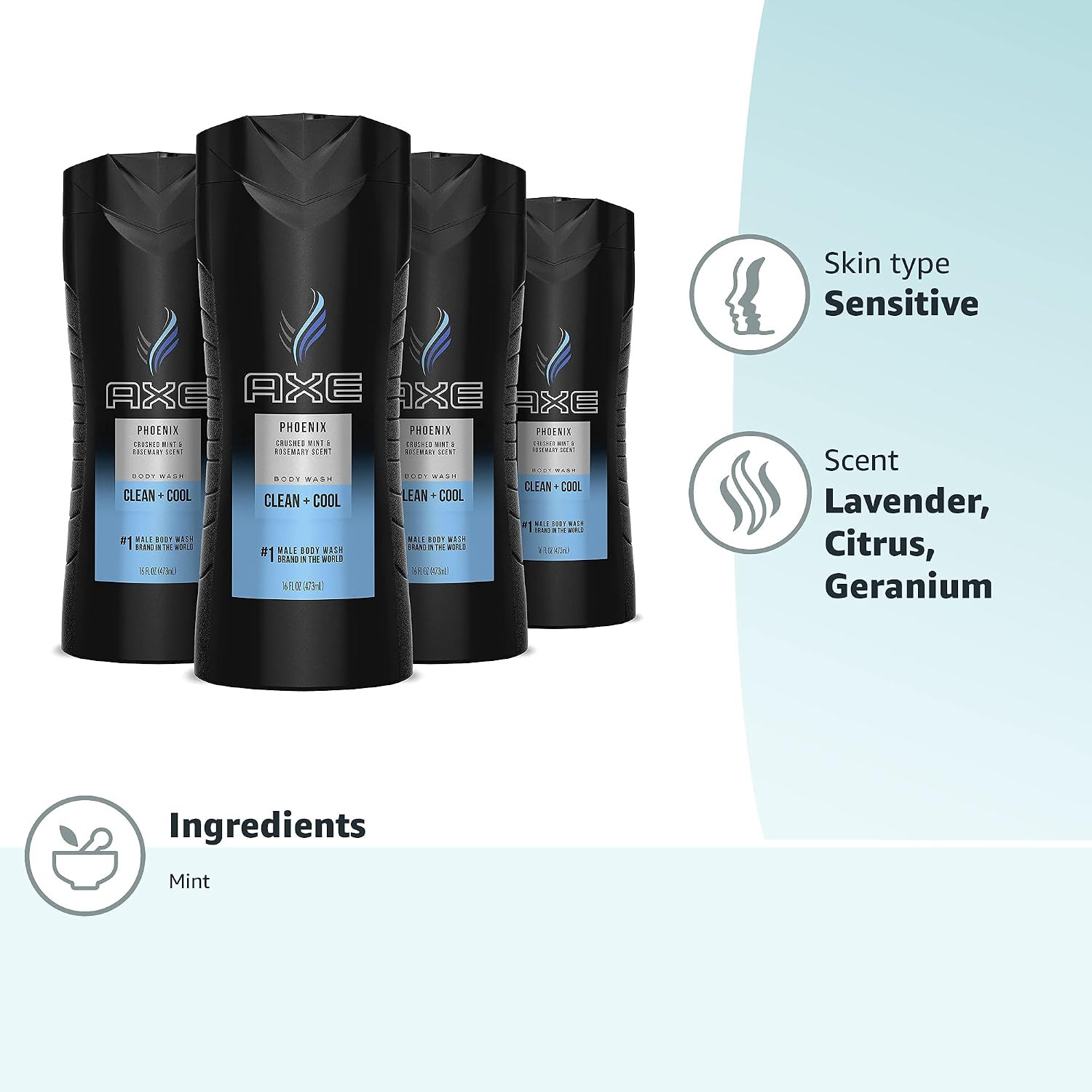 AXE Crushed Mint & Rosemary Body Wash Phoenix 4 Count 12H Refreshing Scent Men’S