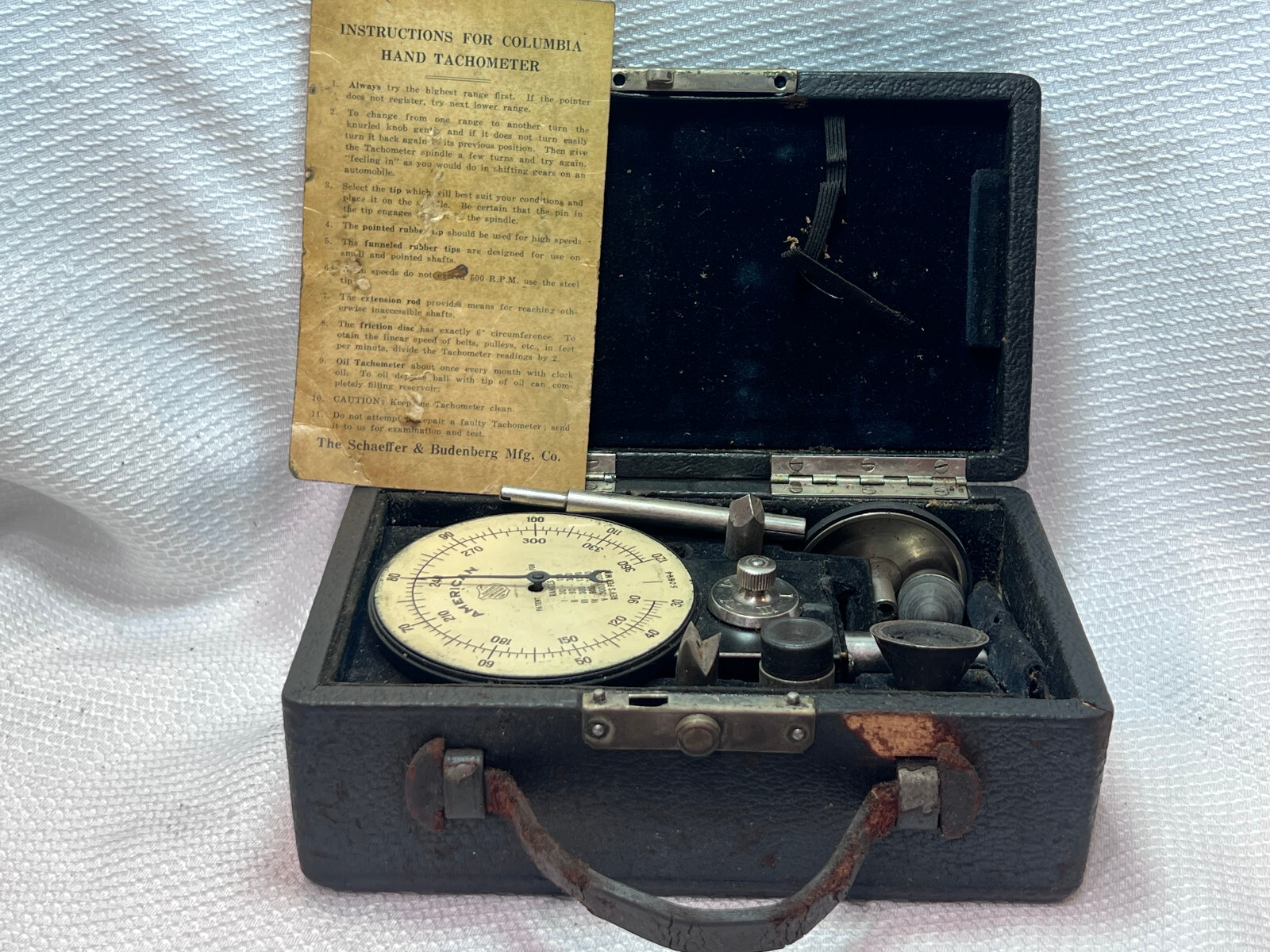 Vtg American Schaeffer & Budenberg Mfg Co Columbia Hand Tachometer Set In Case