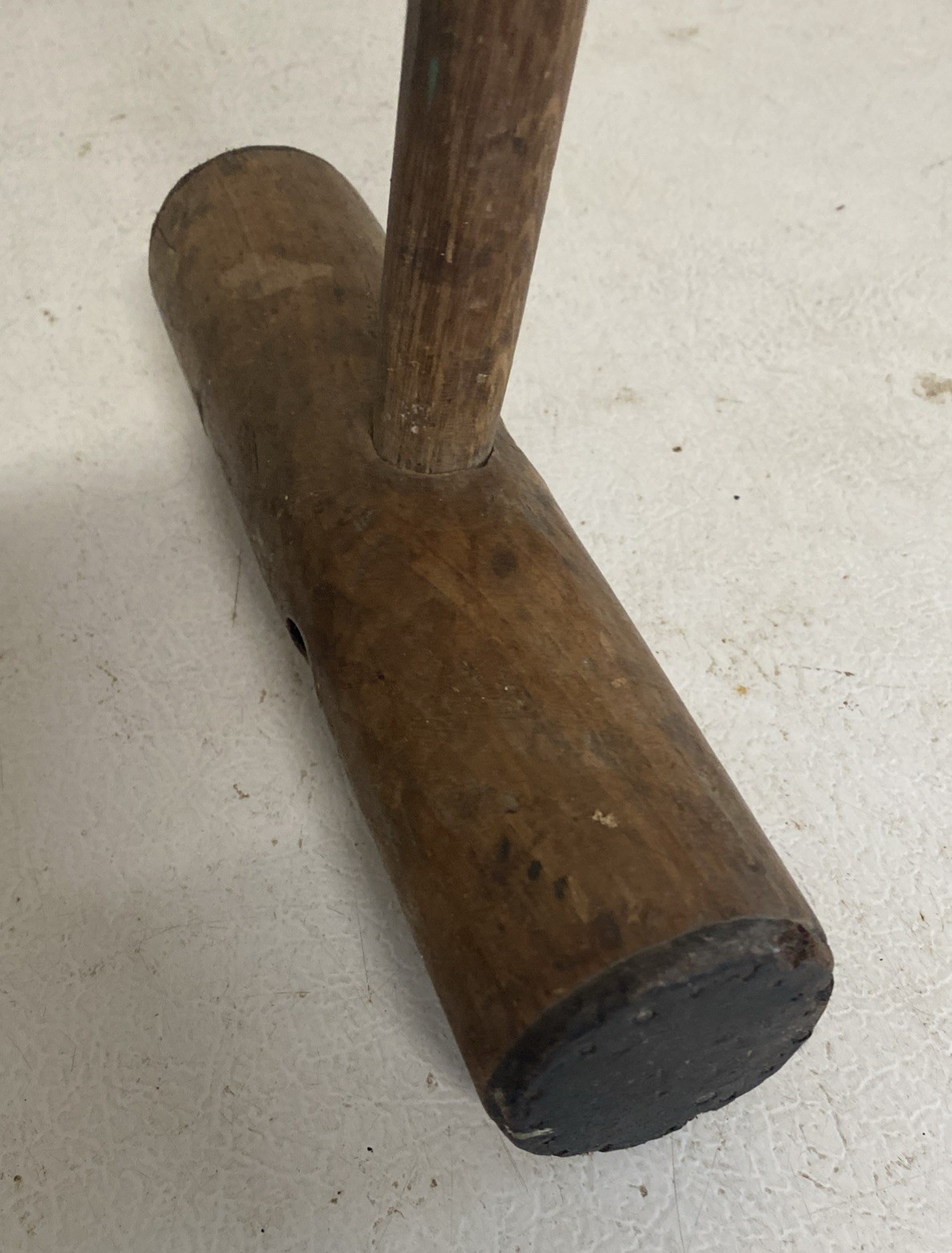 Antique Vintage Wooden Mallet Leather Faced Head 14.5” Handle & 8.5” Head 2”dia.