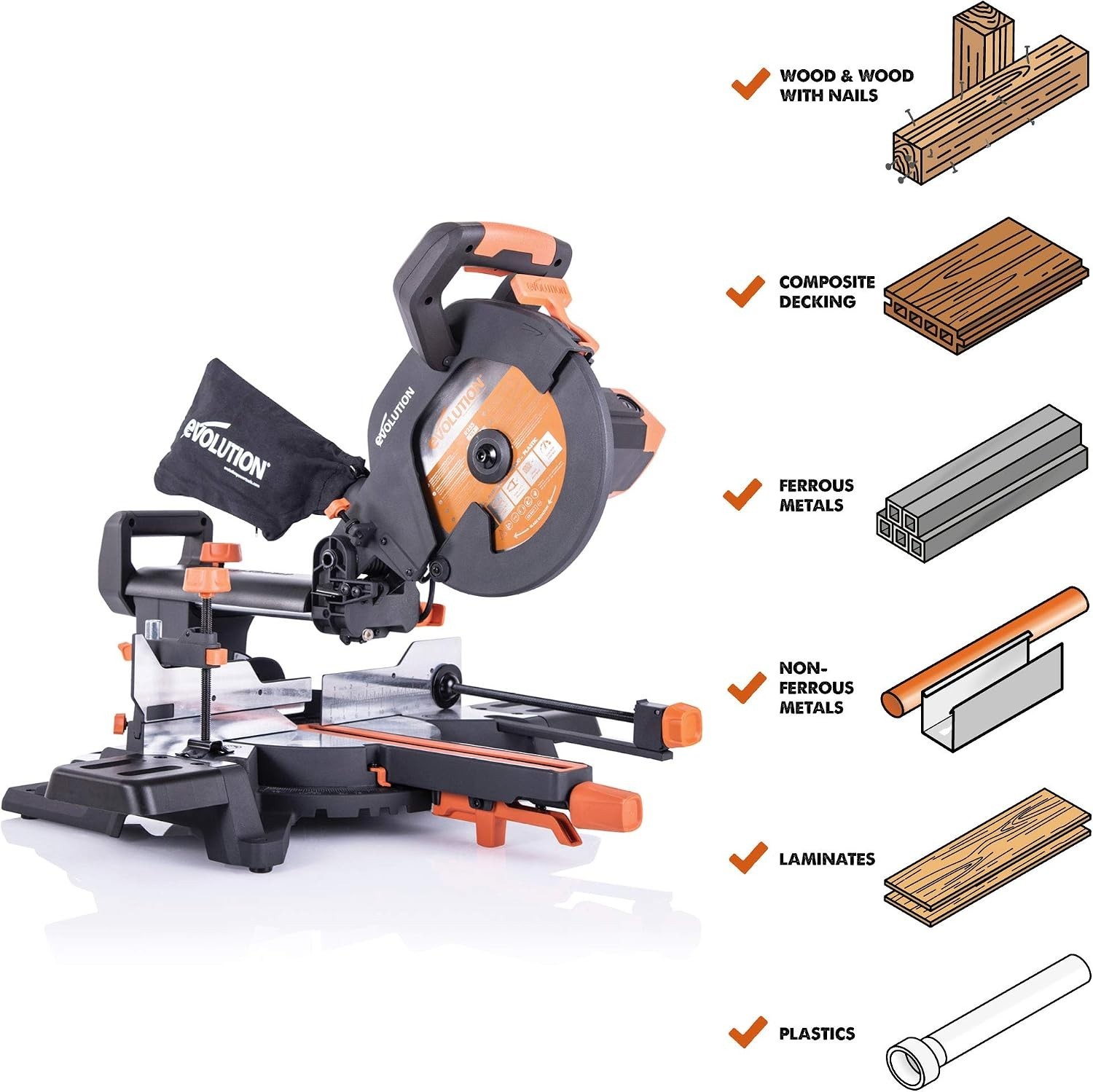 Evolution Power Tools R255SMS+ PLUS 10-Inch Sliding Miter Saw Plus Multi-Materia