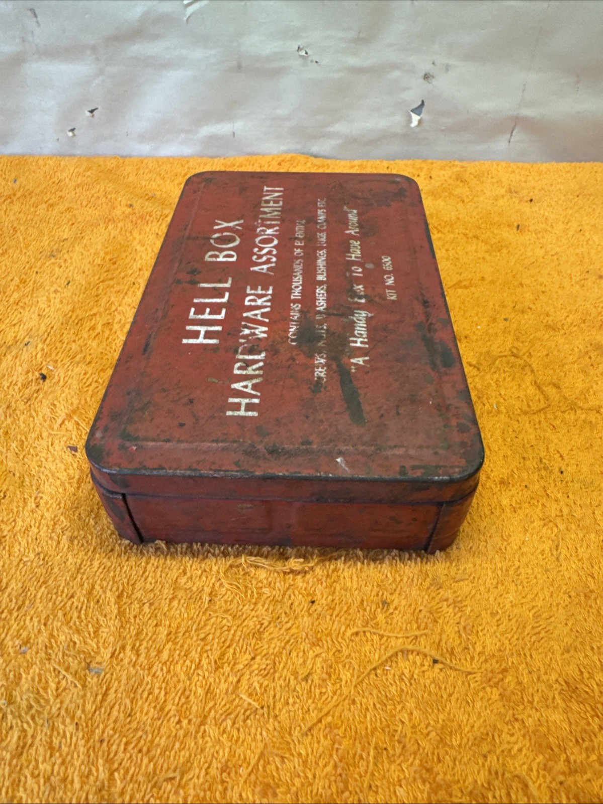 1H – Vintage Empty Red Hell Box Tin Tool Kit #6500 Measures 7.5”x4.5”x1”