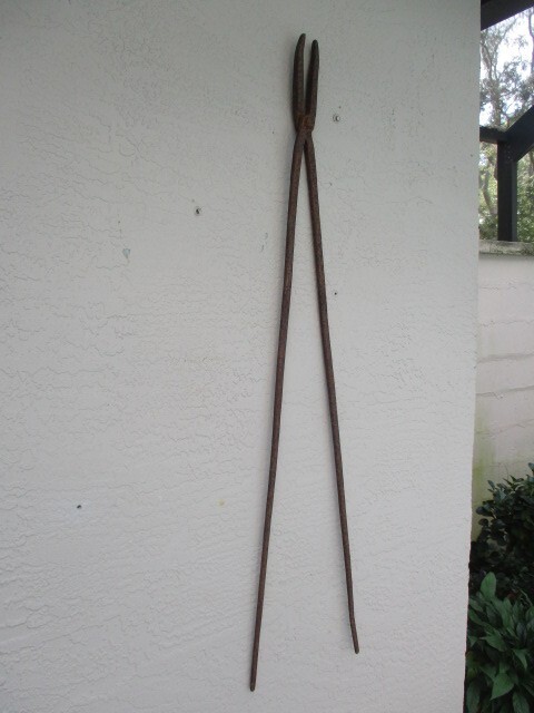 ANTIQUE RARE 45″ HAND MADE FORGED BLACKSMITH TONGS IRON LONG HEAVY